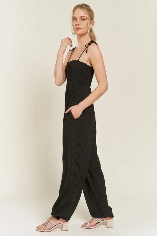 TEEK - PLUS SIZE SMOCKED TIE STRAP JUMPSUIT