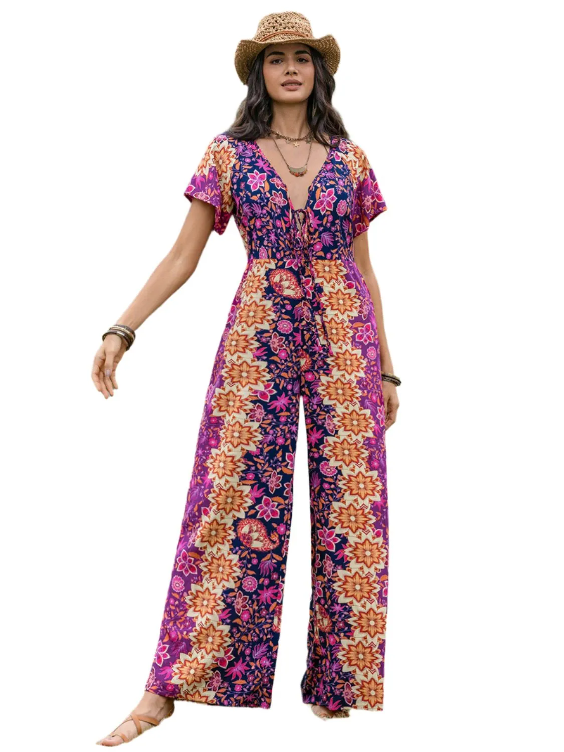 TEEK - Purple Tied V-Neck Short Sleeve Jumpsuit