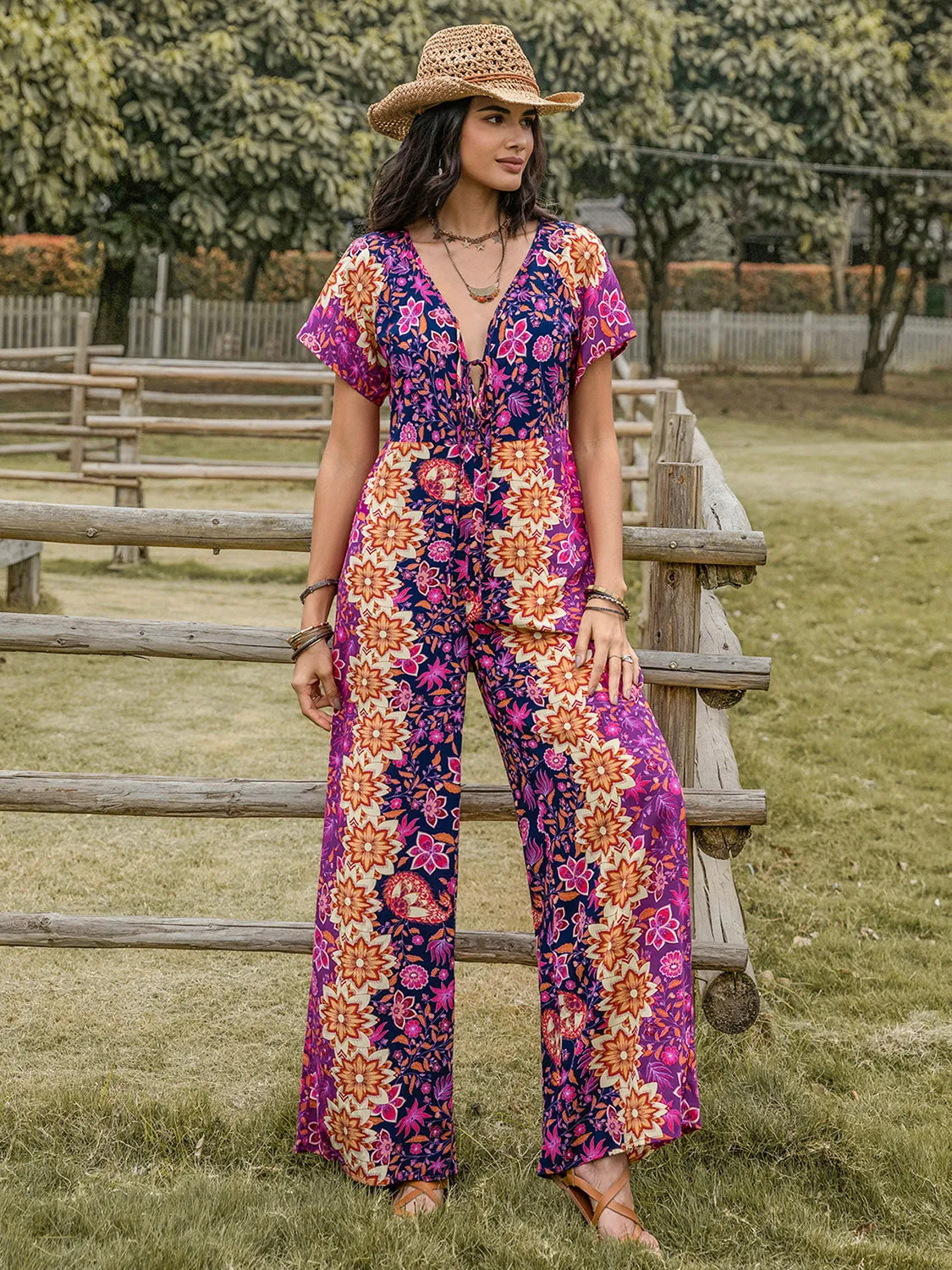 TEEK - Purple Tied V-Neck Short Sleeve Jumpsuit