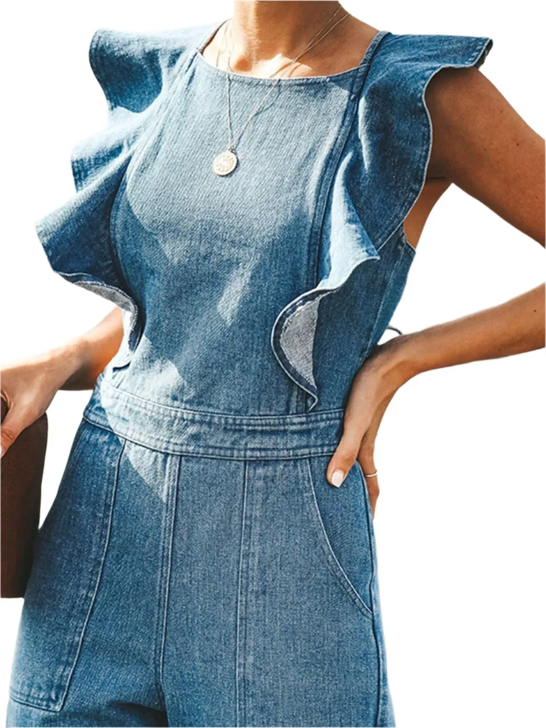 TEEK - Ruffled Backless Sleeveless Denim Jumpsuit