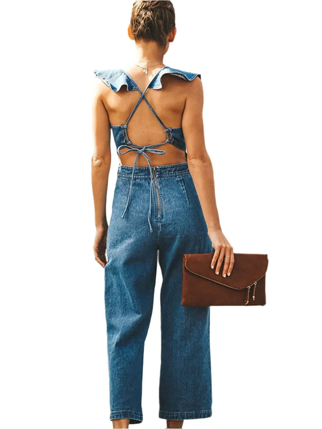 TEEK - Ruffled Backless Sleeveless Denim Jumpsuit