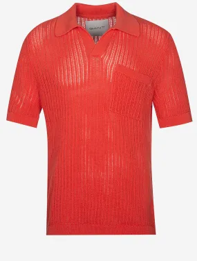 Textured Linen Short Sleeve Polo Burnt Orange