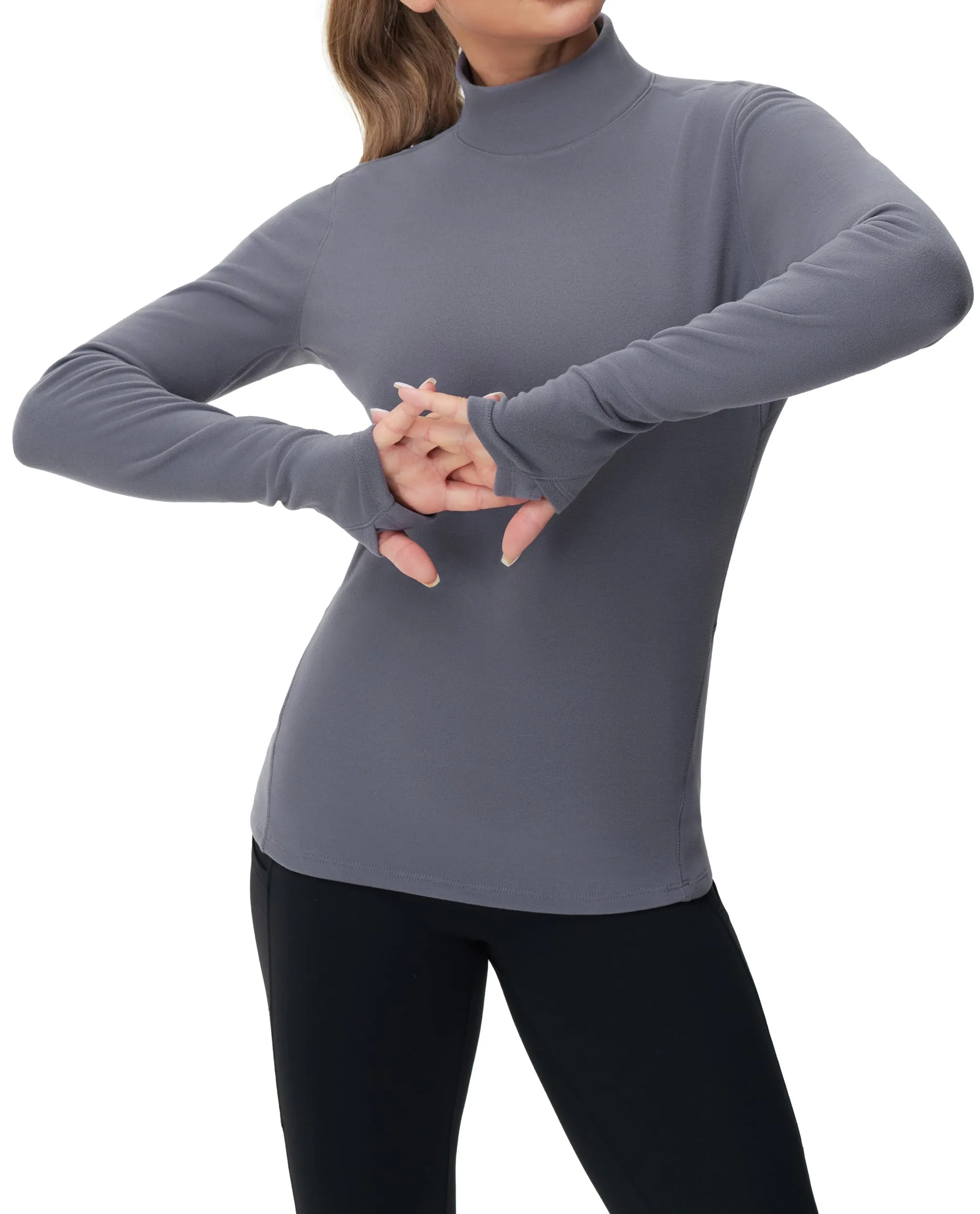 THE GYM PEOPLE Women's Mock Turtleneck Long Sleeve Shirts Fleece Thermal Underwear Pullover Tops with Thumb Hole Grey