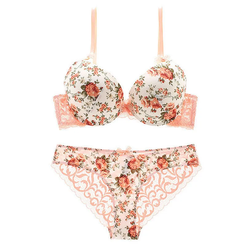 Thin Gather Floral Underwear Bra and Briefs Set for Women