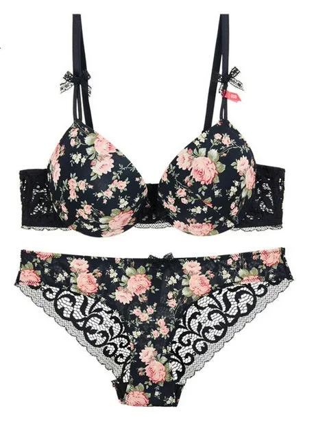 Thin Gather Floral Underwear Bra and Briefs Set for Women