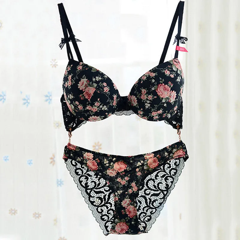 Thin Gather Floral Underwear Bra and Briefs Set for Women