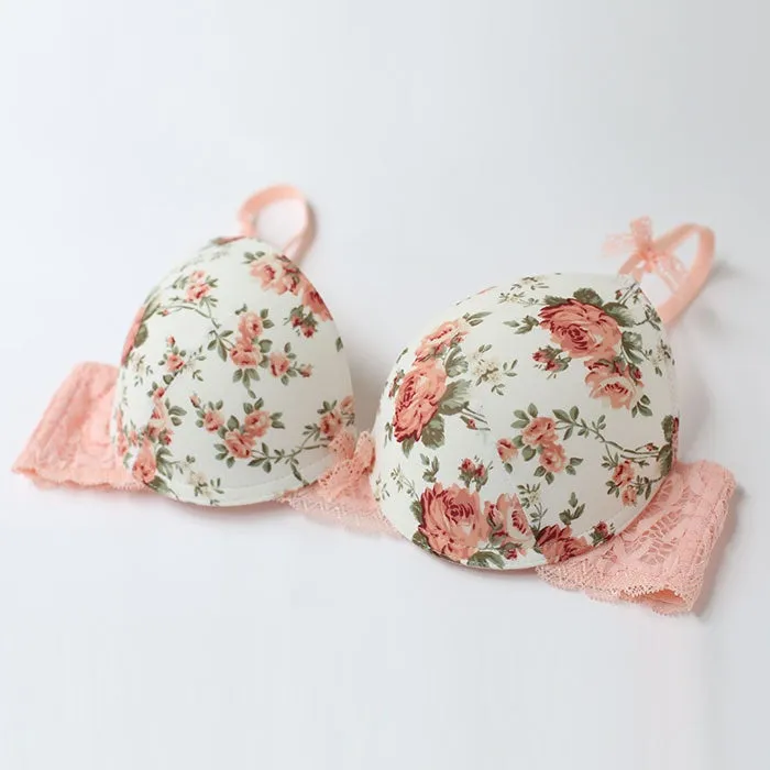 Thin Gather Floral Underwear Bra and Briefs Set for Women