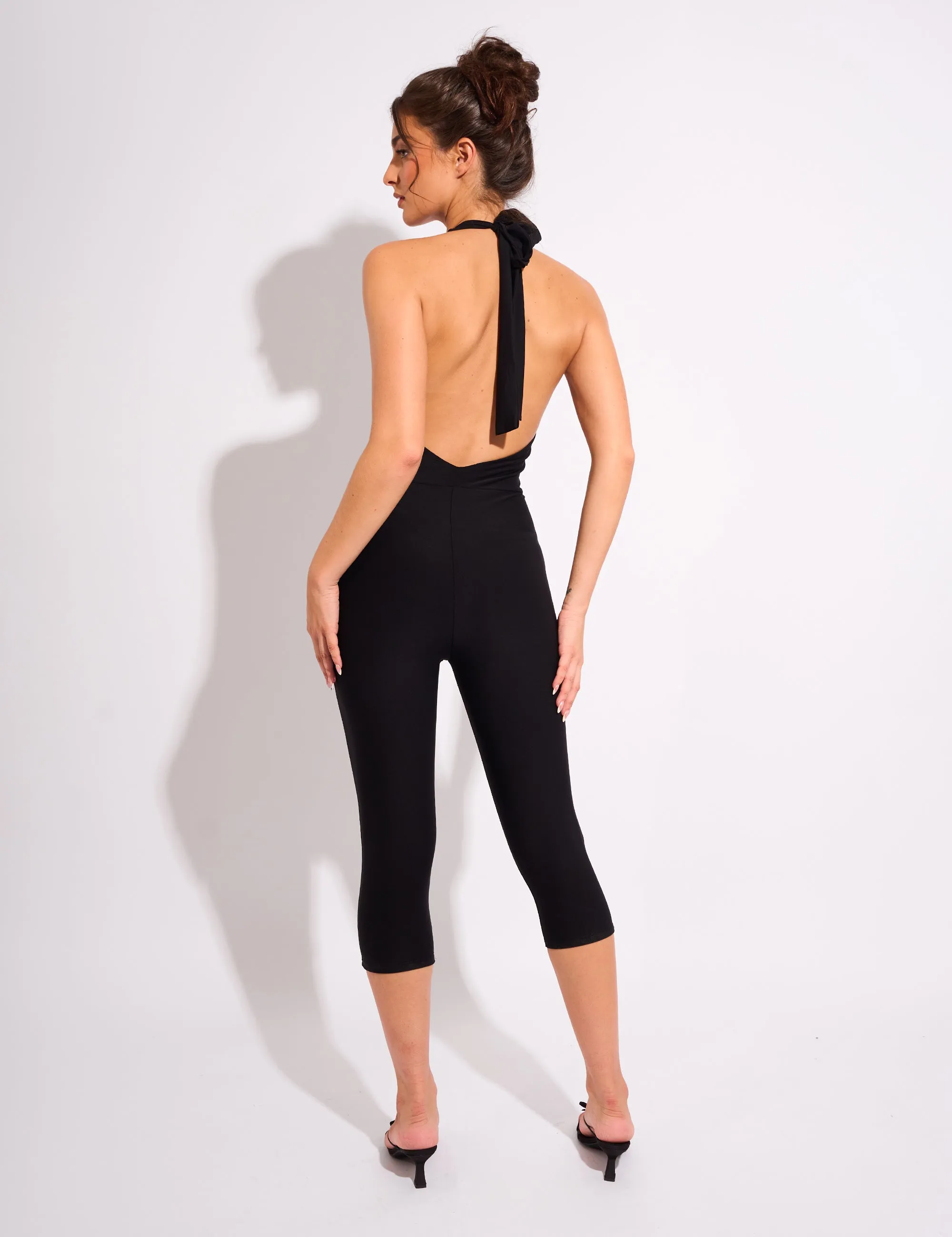 Tie Back Luxe Slinky Capri Jumpsuit Black