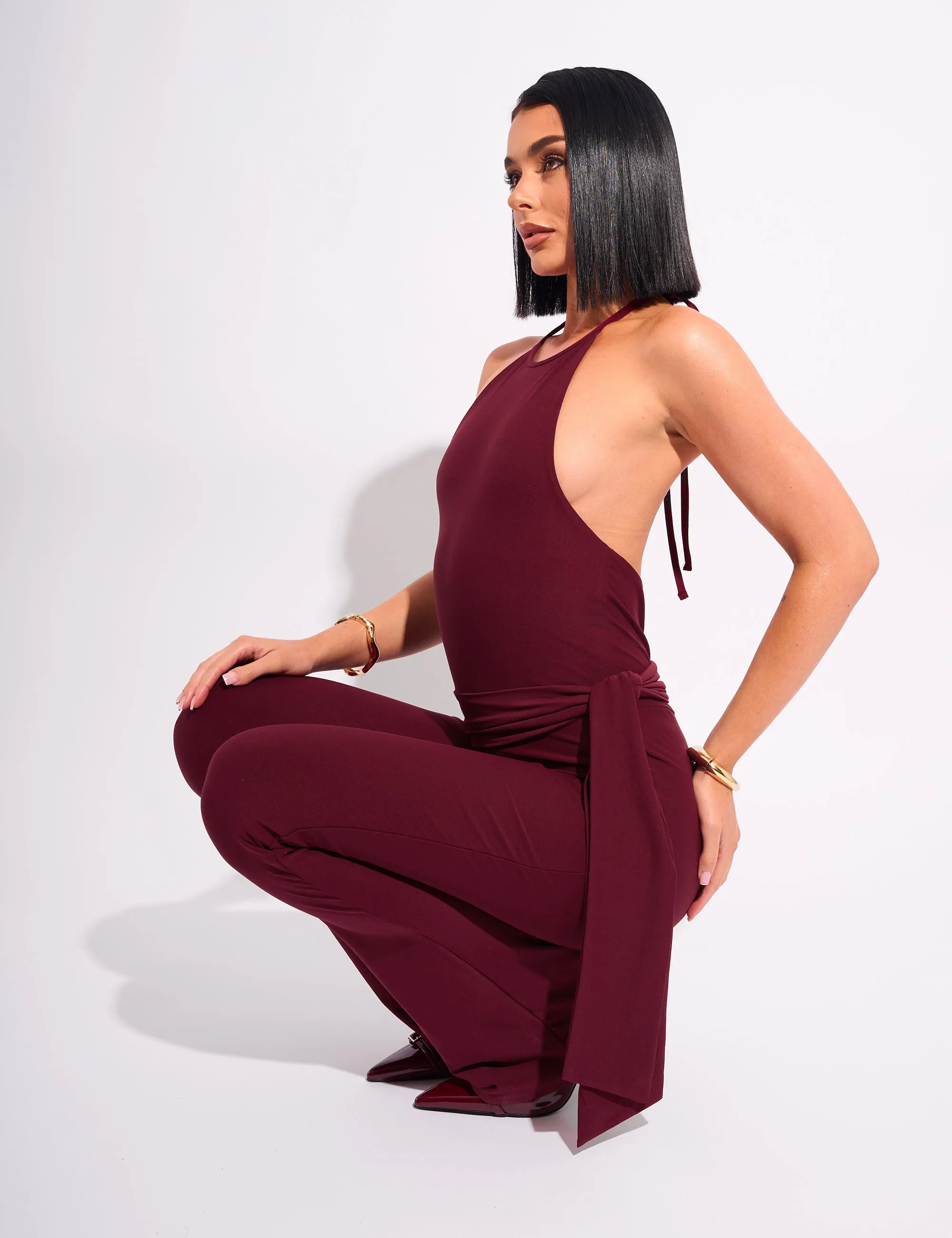 Tie Back Luxe Slinky Jumpsuit Burgundy