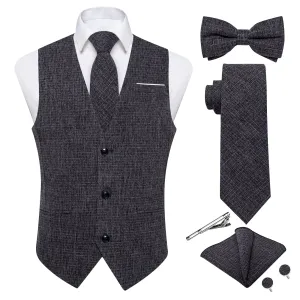 Ties2you Dark Grey Solid Jacquard Men's Vest Necktie Bowtie Set