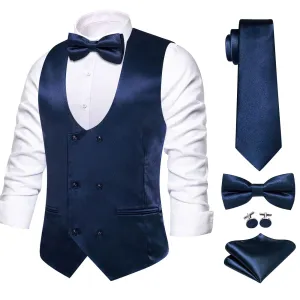 Ties2you Double Breasted Vest Dark Midnight-Blue Solid Mens Silk Vest Tie Bowtie Set 5PC