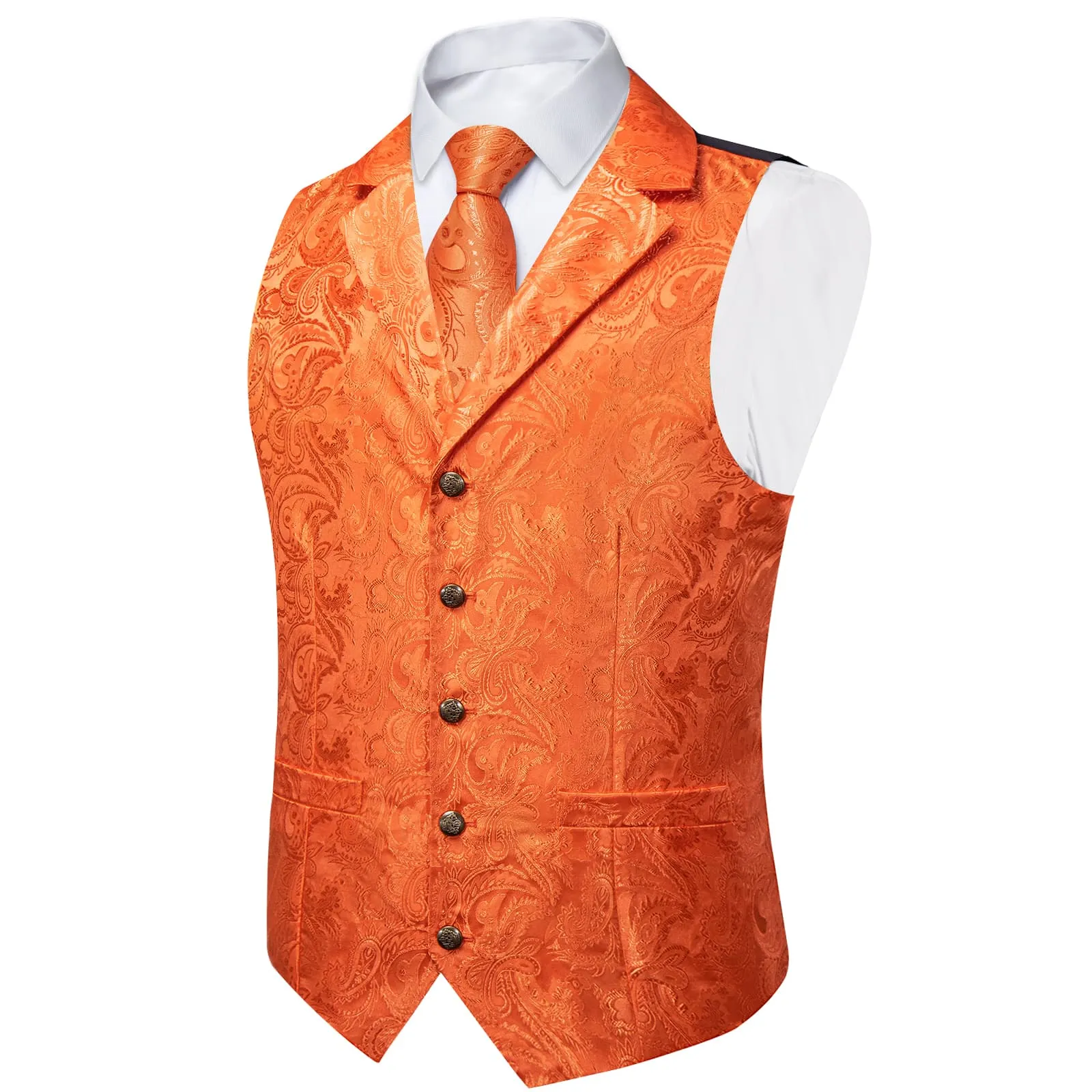 Ties2you Dress Vest Bright Orange Paisley Notched Collar Silk Mens Waistcoat Tie Set