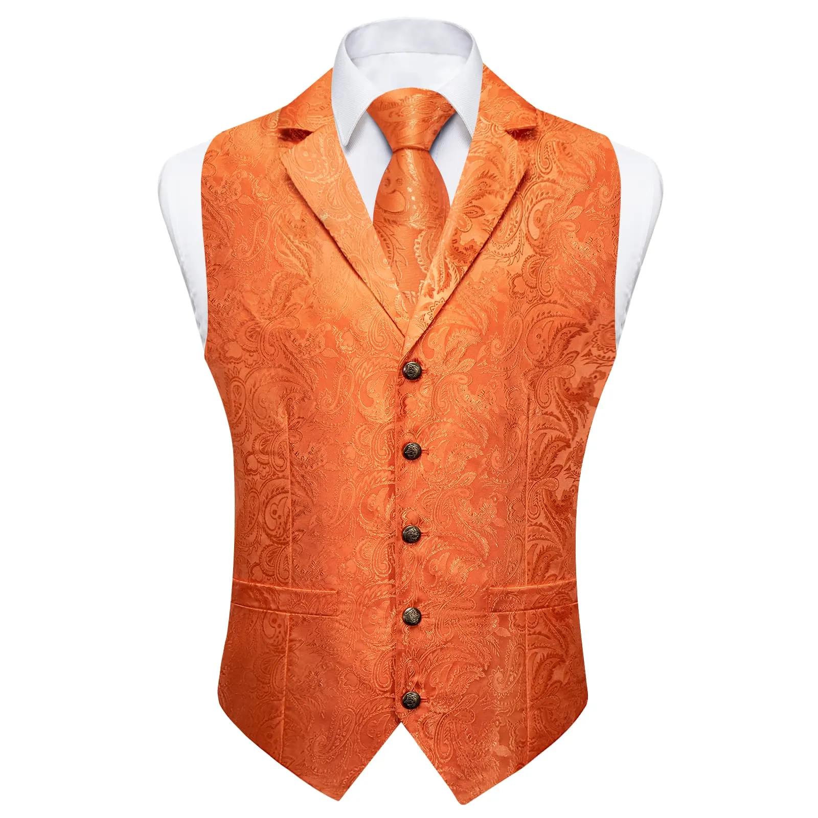 Ties2you Dress Vest Bright Orange Paisley Notched Collar Silk Mens Waistcoat Tie Set