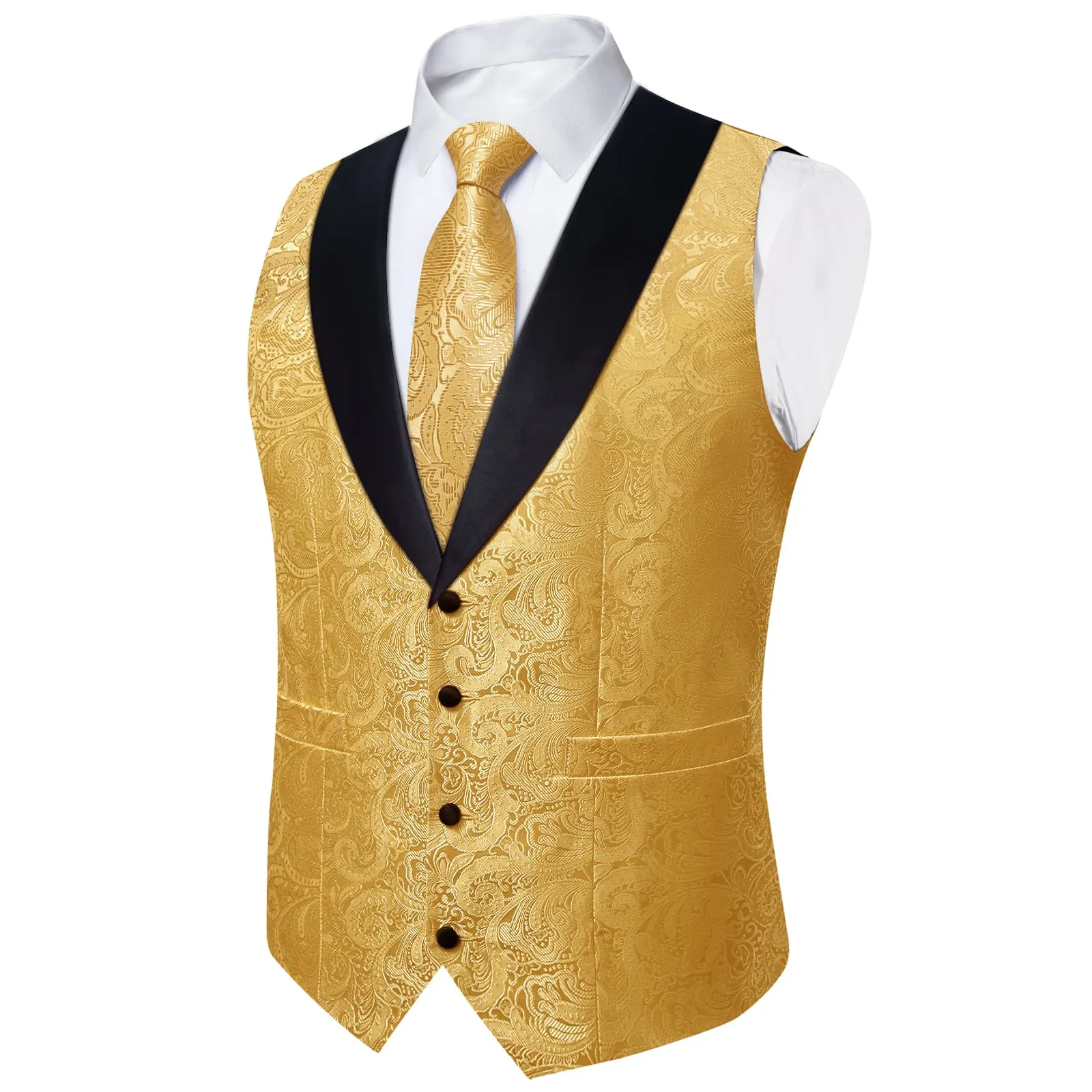 Ties2you Dress Vest Gold Floral Shawl Collar Silk Mens Waistcoat Tie Set