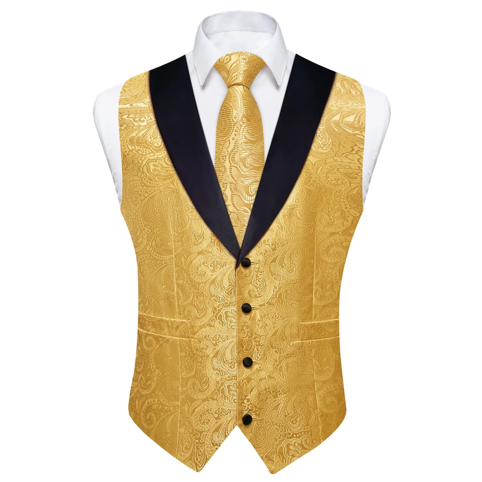 Ties2you Dress Vest Gold Floral Shawl Collar Silk Mens Waistcoat Tie Set