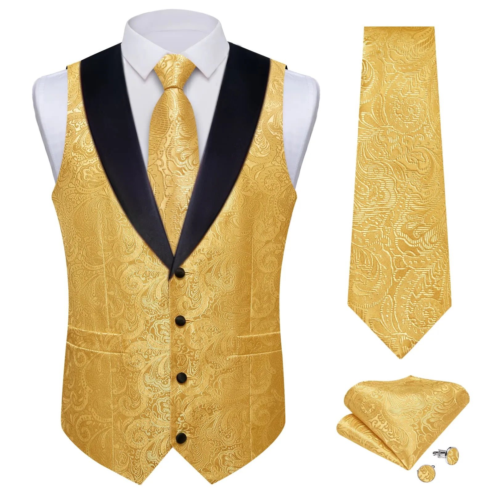 Ties2you Dress Vest Gold Floral Shawl Collar Silk Mens Waistcoat Tie Set