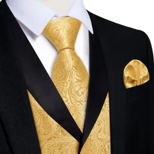 Ties2you Dress Vest Gold Floral Shawl Collar Silk Mens Waistcoat Tie Set