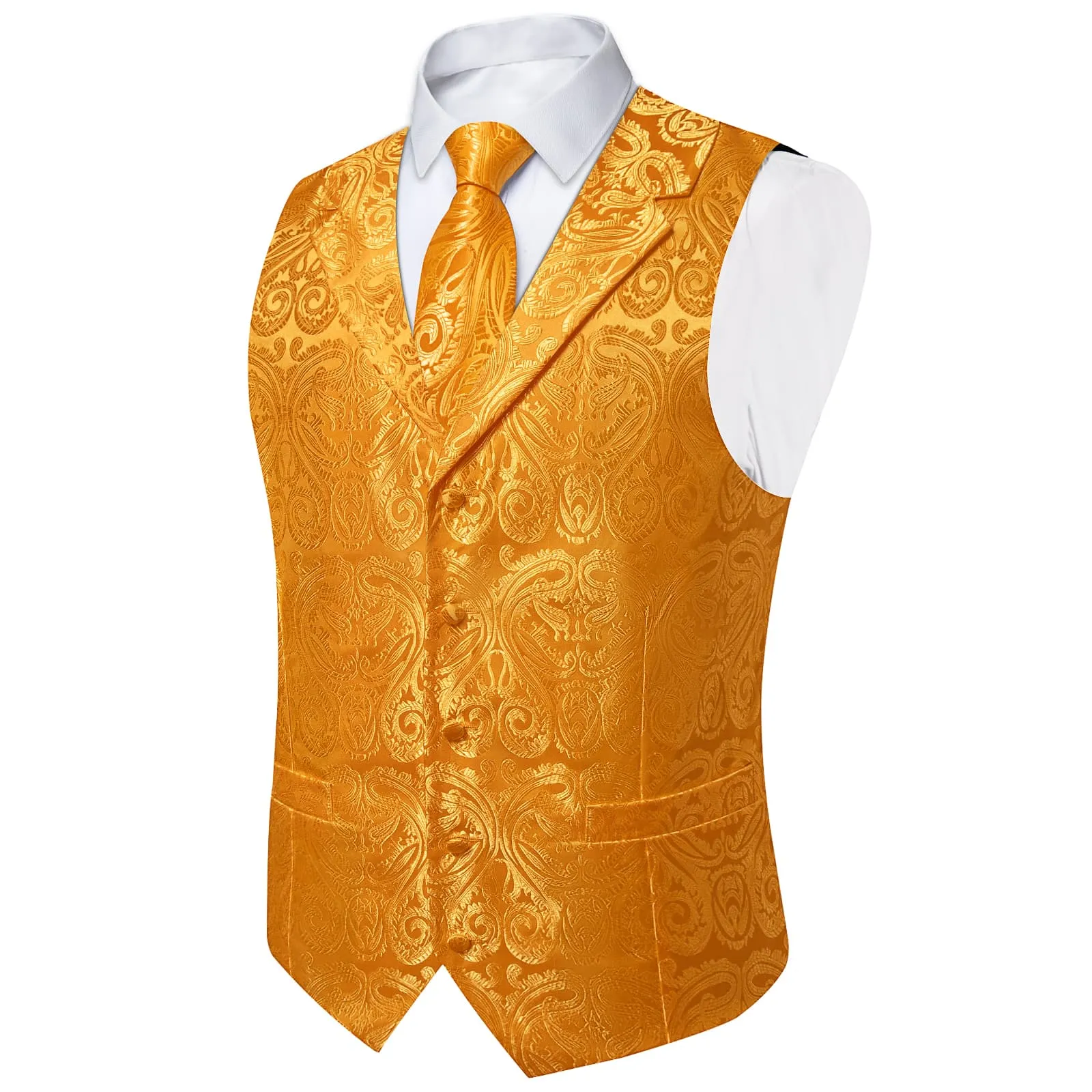 Ties2you Dress Vest Neon Carrot Orange Paisley Notched Collar Silk Mens Work Vest Tie Set