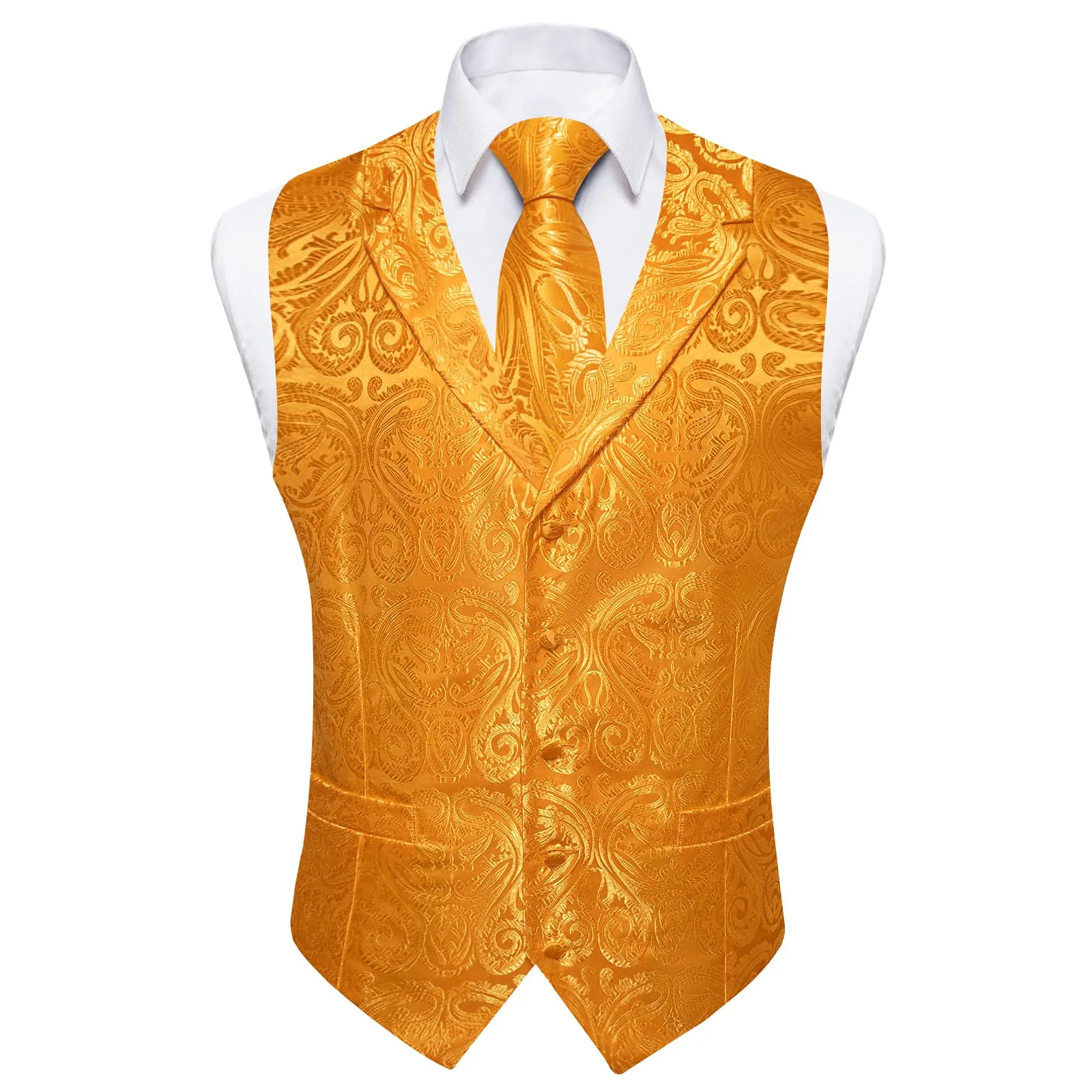 Ties2you Dress Vest Neon Carrot Orange Paisley Notched Collar Silk Mens Work Vest Tie Set