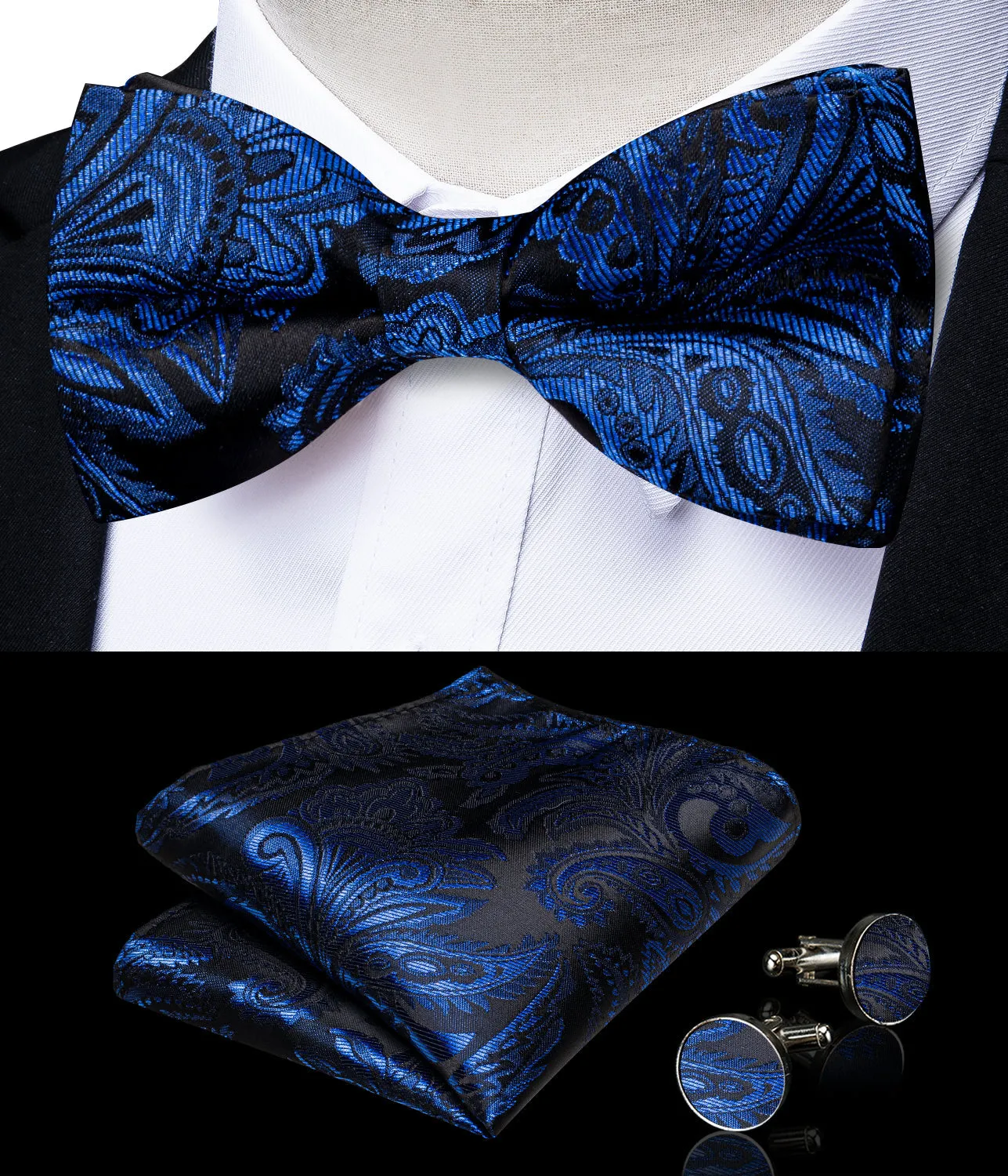 Ties2you Mens Buttoned Vest Royal Blue Paisley Silk Collar Vest Bow Tie Handkerchief Cufflinks Set Waistcoat Suit Set