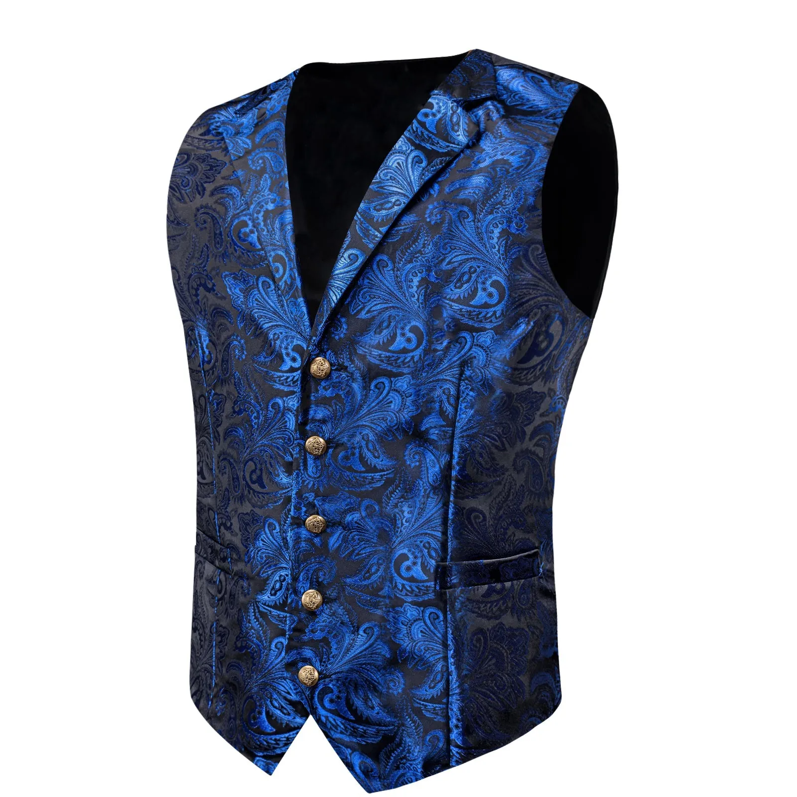 Ties2you Mens Buttoned Vest Royal Blue Paisley Silk Collar Vest Bow Tie Handkerchief Cufflinks Set Waistcoat Suit Set