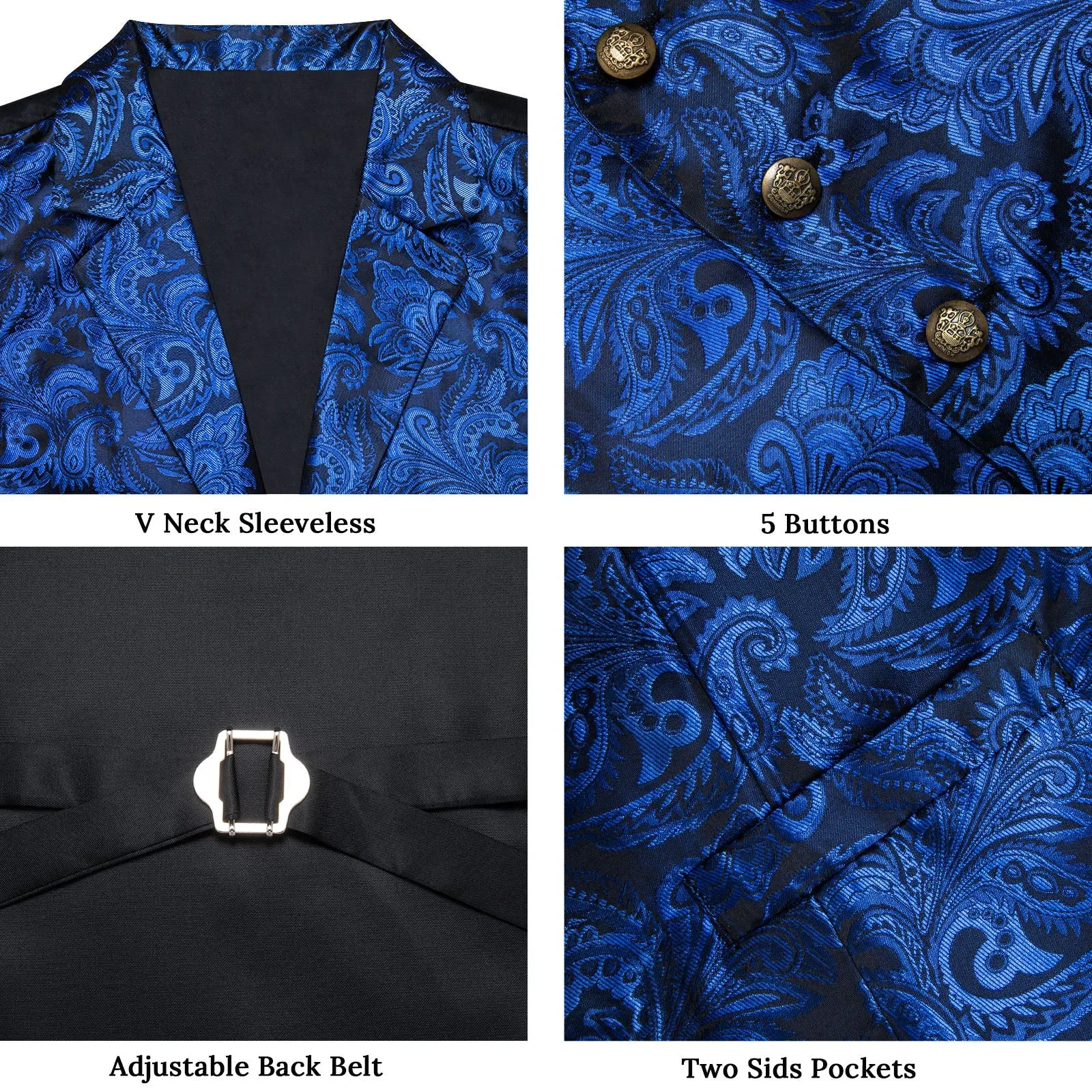 Ties2you Mens Buttoned Vest Royal Blue Paisley Silk Collar Vest Bow Tie Handkerchief Cufflinks Set Waistcoat Suit Set