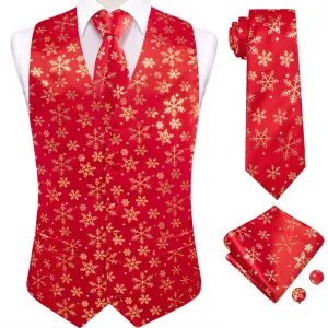 Ties2you Mens Silk Waistcoat Red Gold Snow Christmas Vest Necktie Set