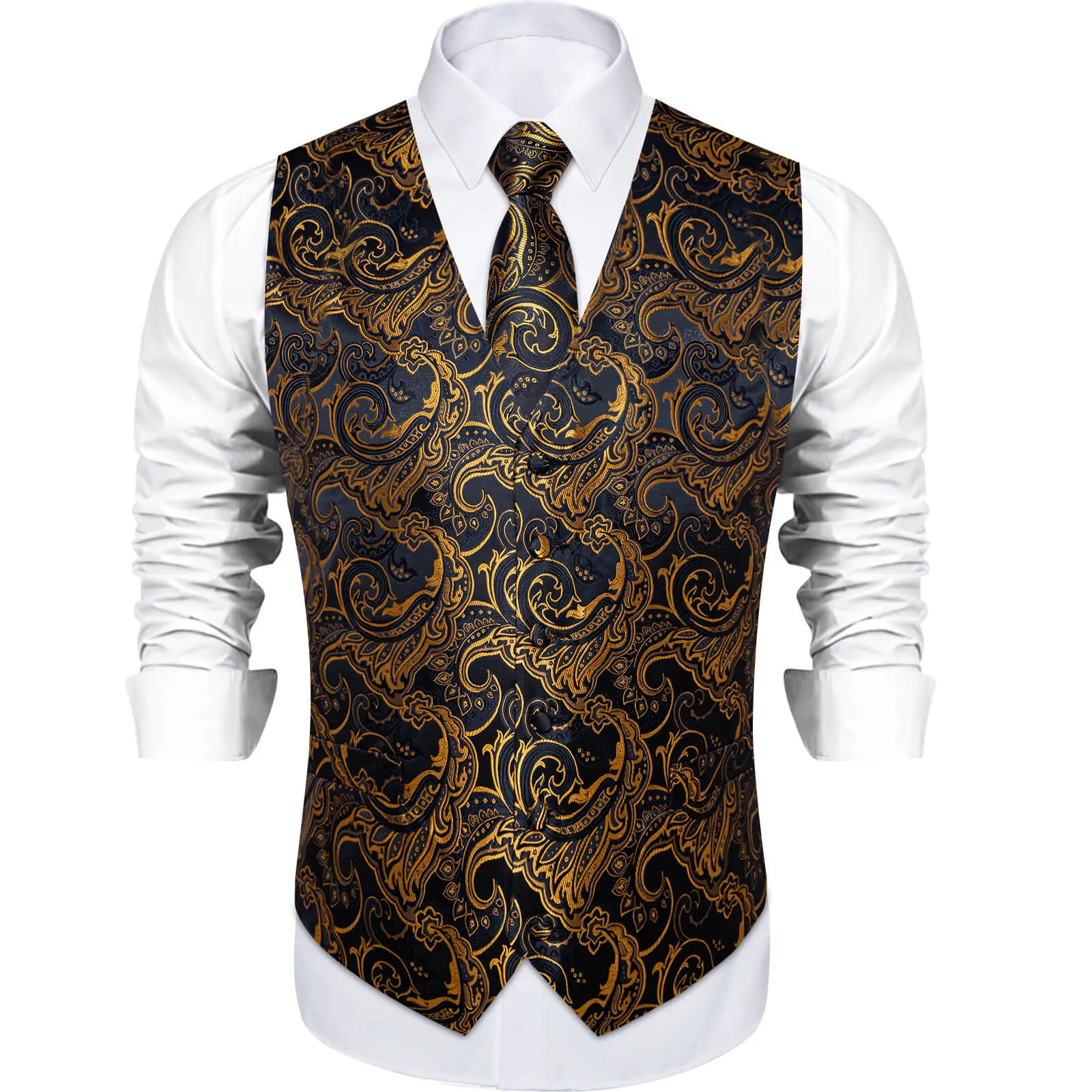 Ties2you Men's Vest Black Gold Floral Silk Waistcoat Suit Vest Tie Set