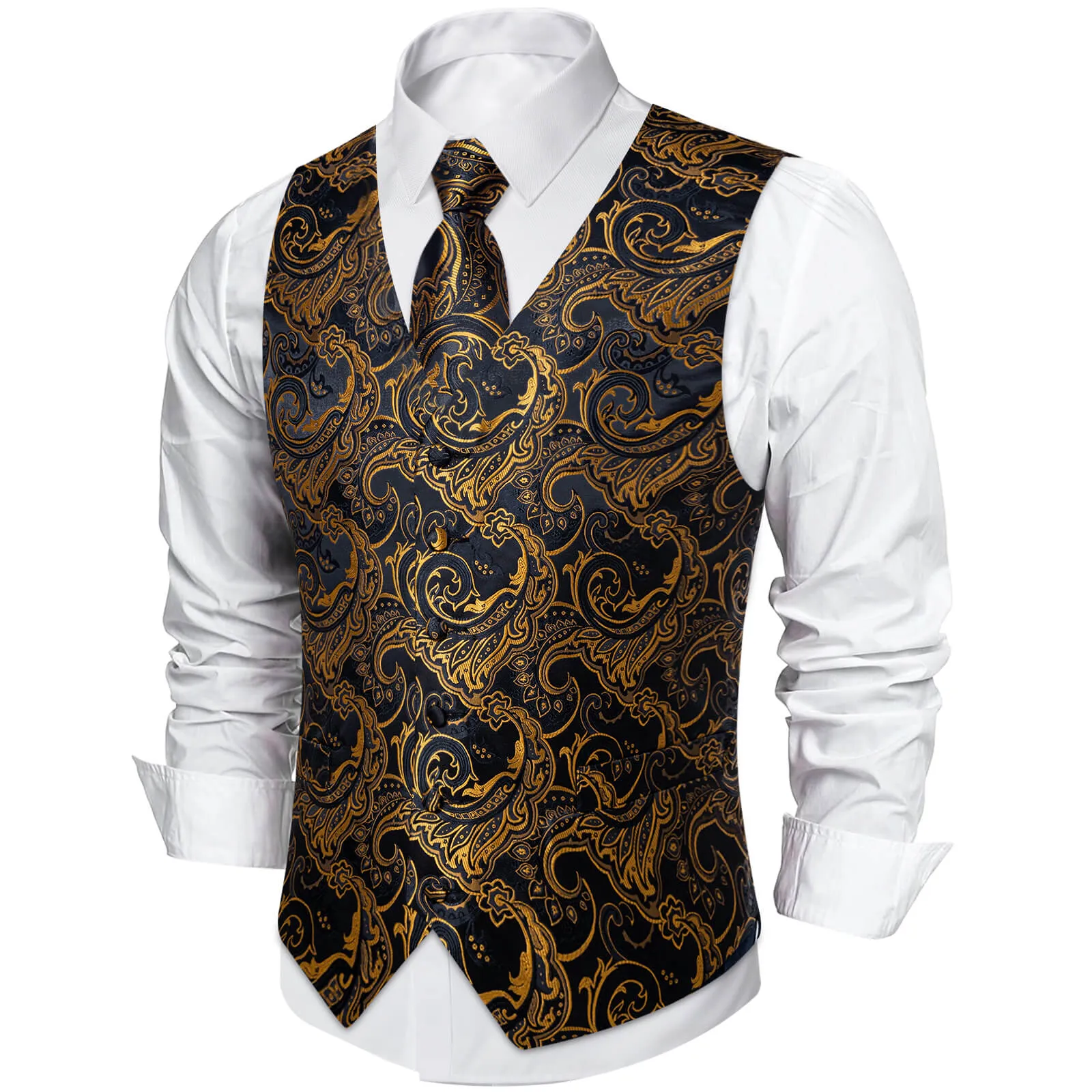 Ties2you Men's Vest Black Gold Floral Silk Waistcoat Suit Vest Tie Set