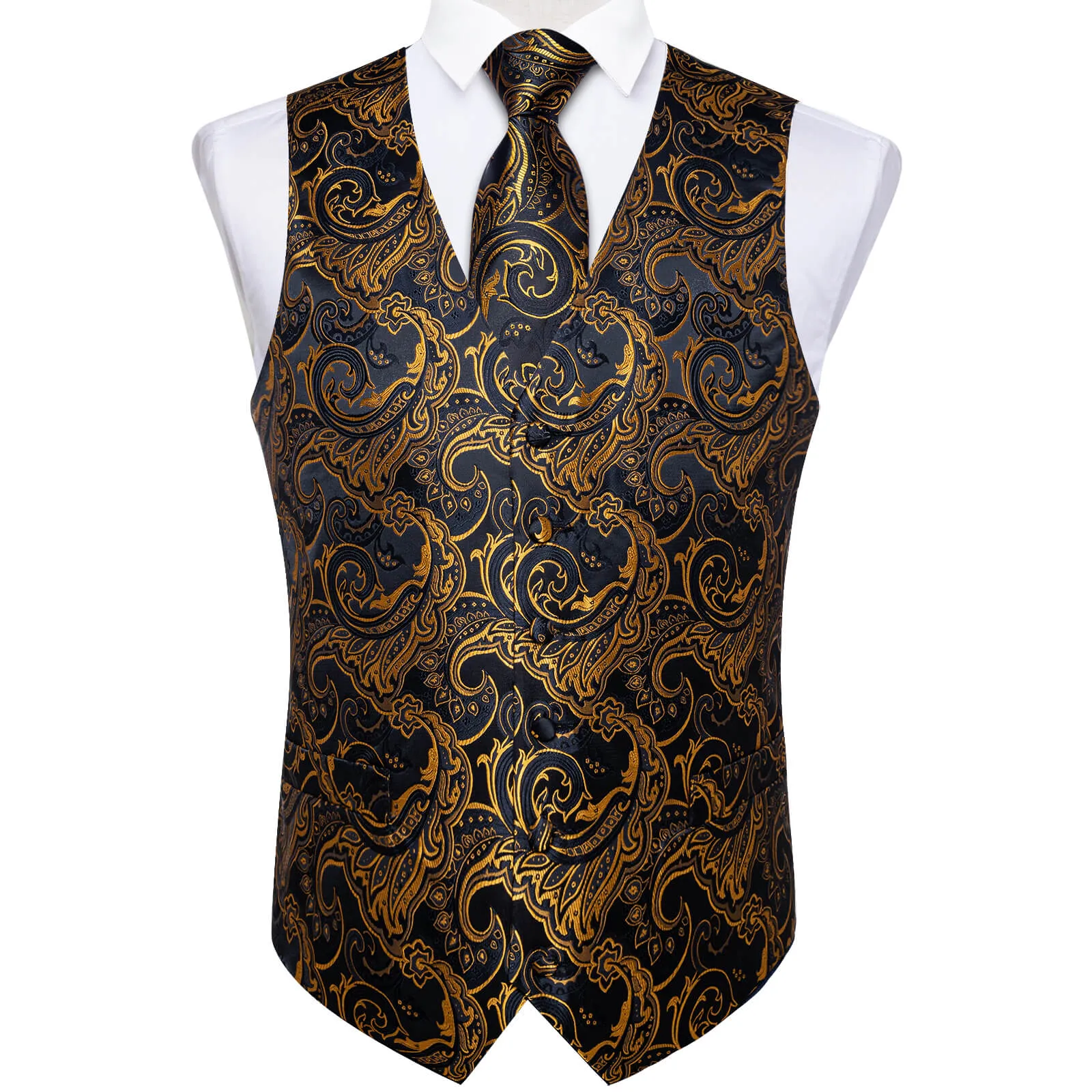 Ties2you Men's Vest Black Gold Floral Silk Waistcoat Suit Vest Tie Set