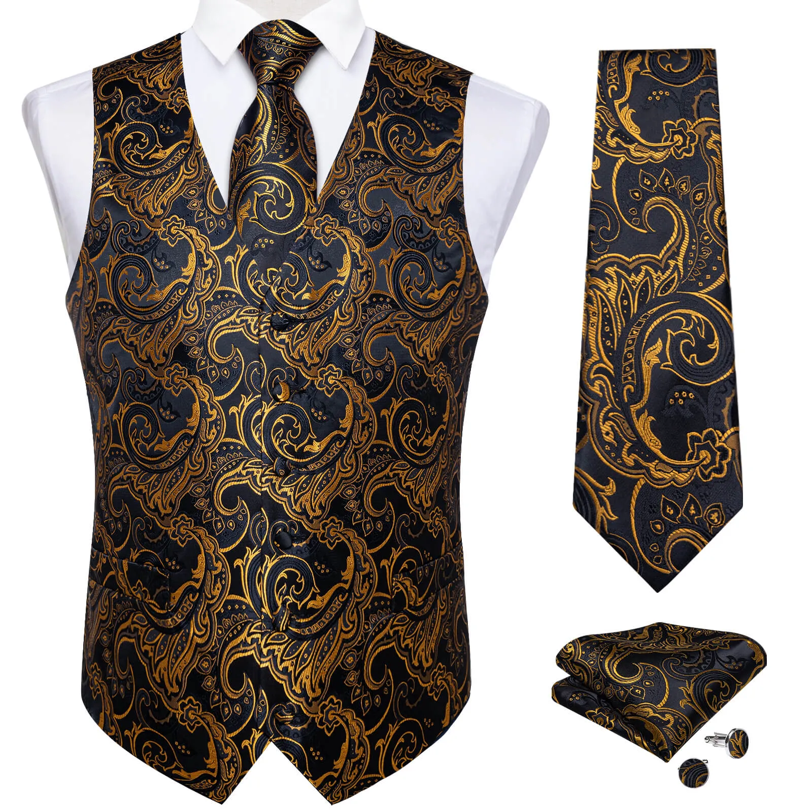 Ties2you Men's Vest Black Gold Floral Silk Waistcoat Suit Vest Tie Set