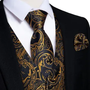 Ties2you Men's Vest Black Gold Floral Silk Waistcoat Suit Vest Tie Set