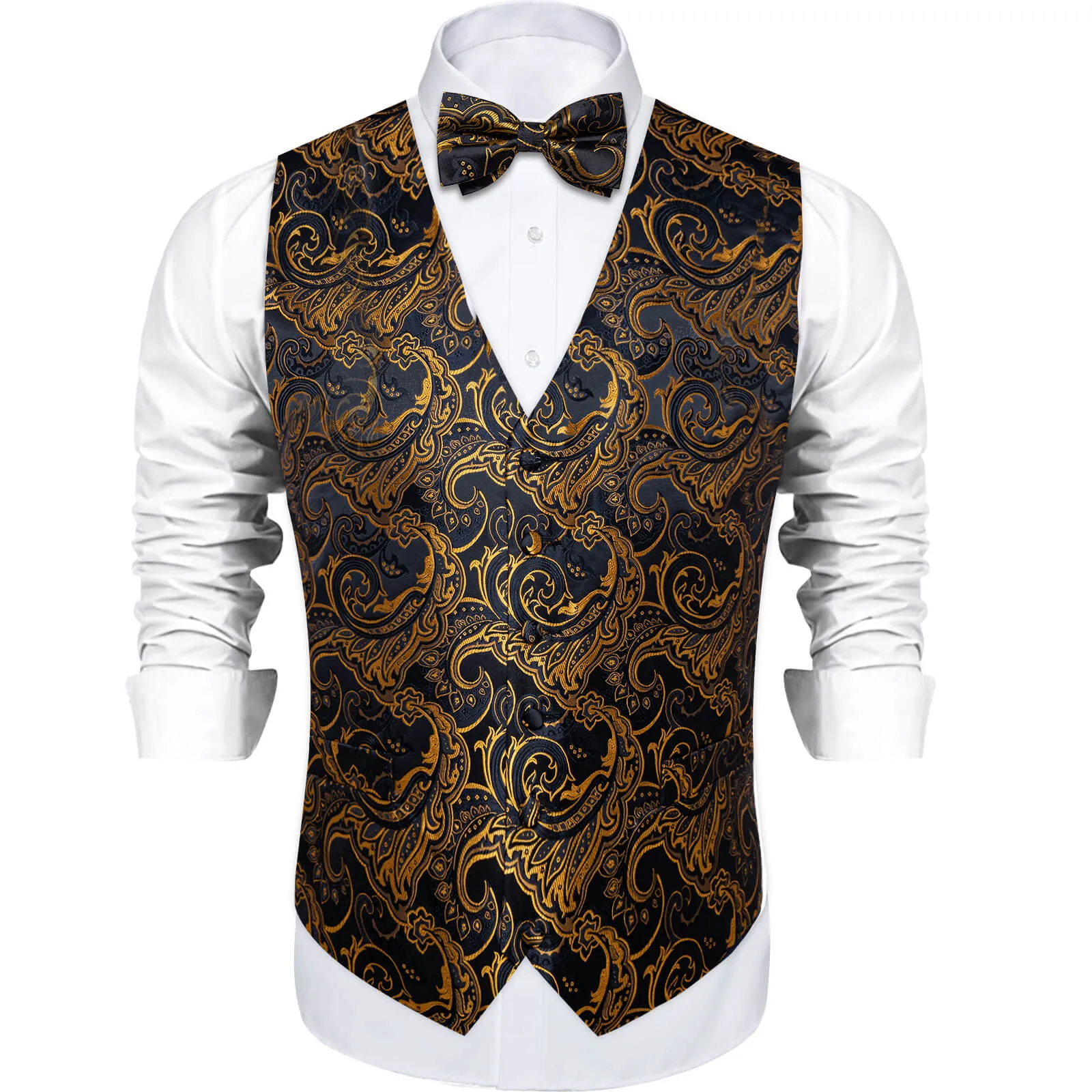 Ties2you Men's Vest Black Gold Woven Floral Silk Suit Vest Bow Tie Set