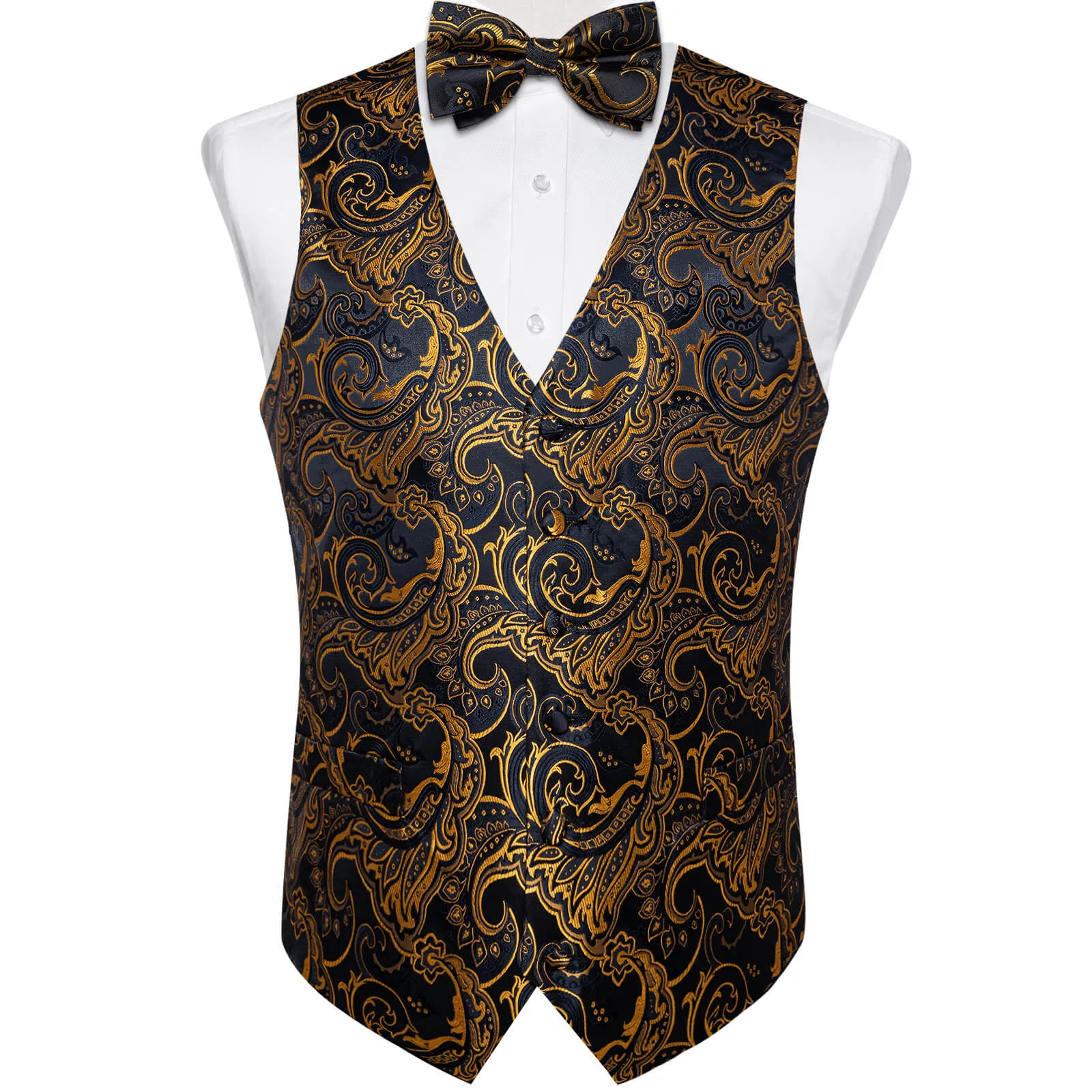 Ties2you Men's Vest Black Gold Woven Floral Silk Suit Vest Bow Tie Set