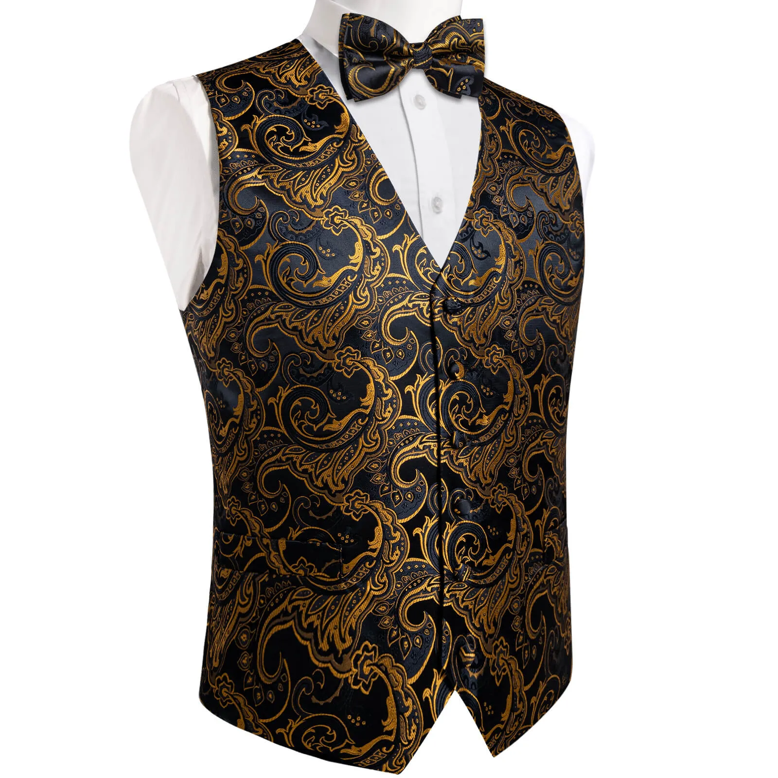 Ties2you Men's Vest Black Gold Woven Floral Silk Suit Vest Bow Tie Set