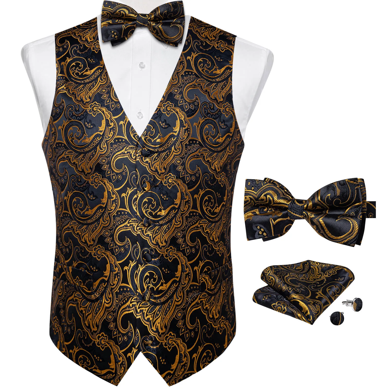 Ties2you Men's Vest Black Gold Woven Floral Silk Suit Vest Bow Tie Set