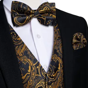 Ties2you Men's Vest Black Gold Woven Floral Silk Suit Vest Bow Tie Set