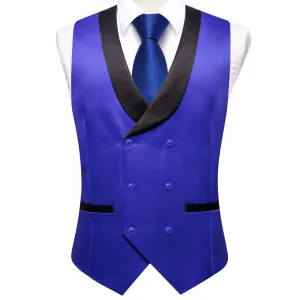 Ties2you Tuxedo Vest Persian Blue Solid Shawl Collar Silk Mens Double Breasted Vest Top