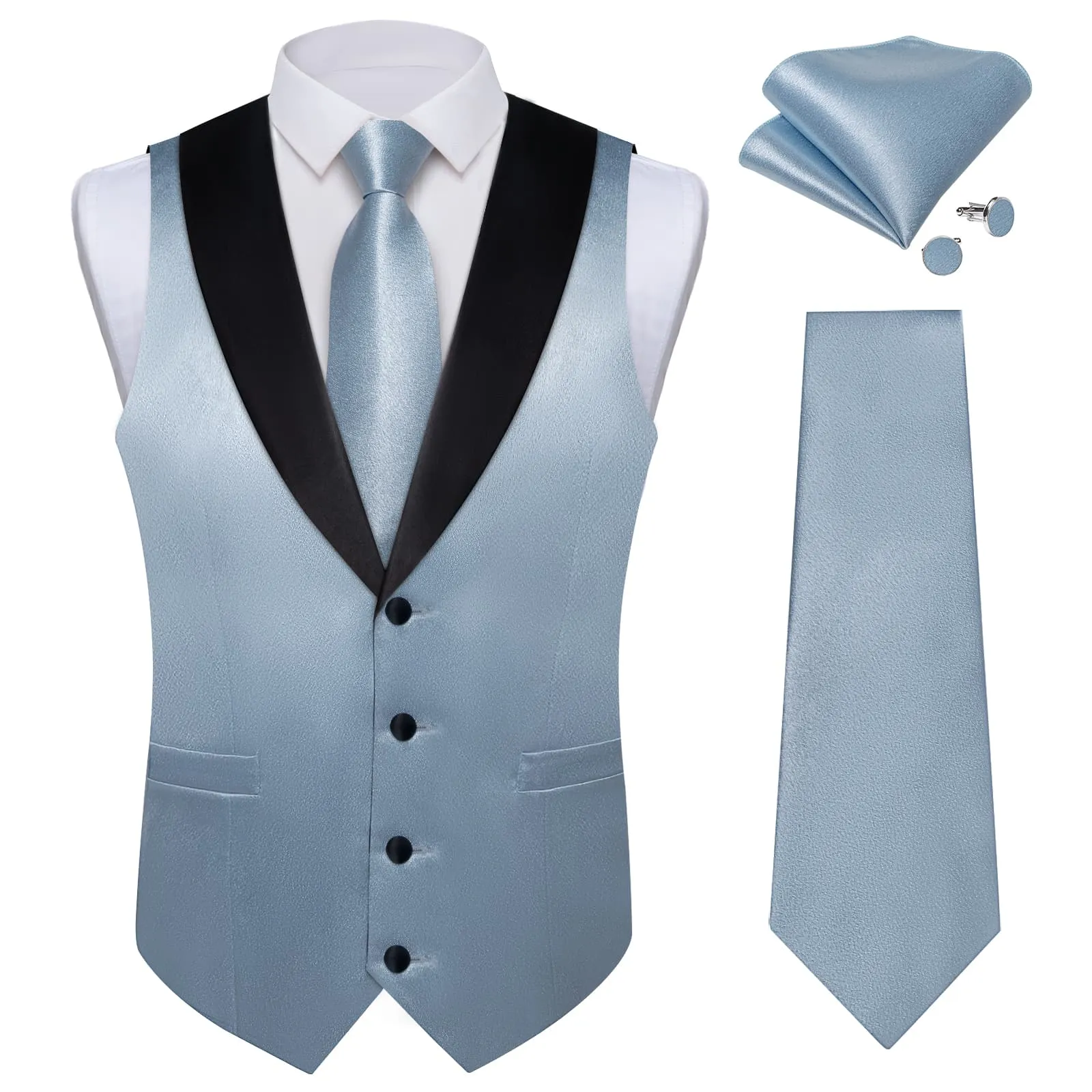 Ties2you Work Vest Shining Cadet Grey Blue Solid Shawl Collar Silk Mens Vest Tie Set Business