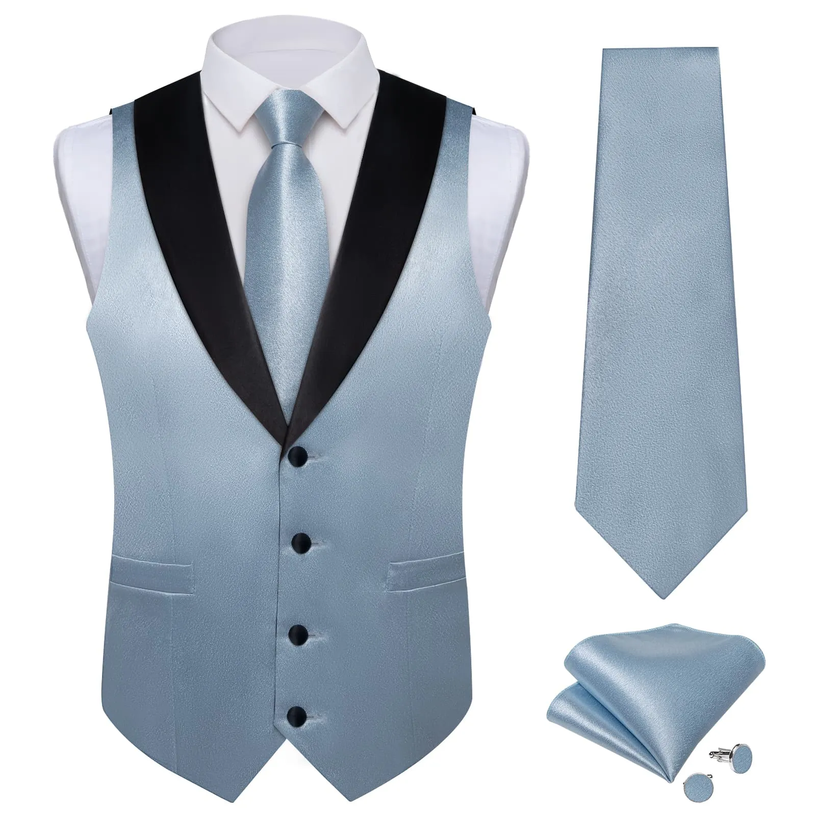 Ties2you Work Vest Shining Cadet Grey Blue Solid Shawl Collar Silk Mens Vest Tie Set Business