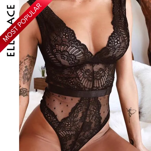 Trendy Sexy V Neck Lace Lingerie Bodysuit