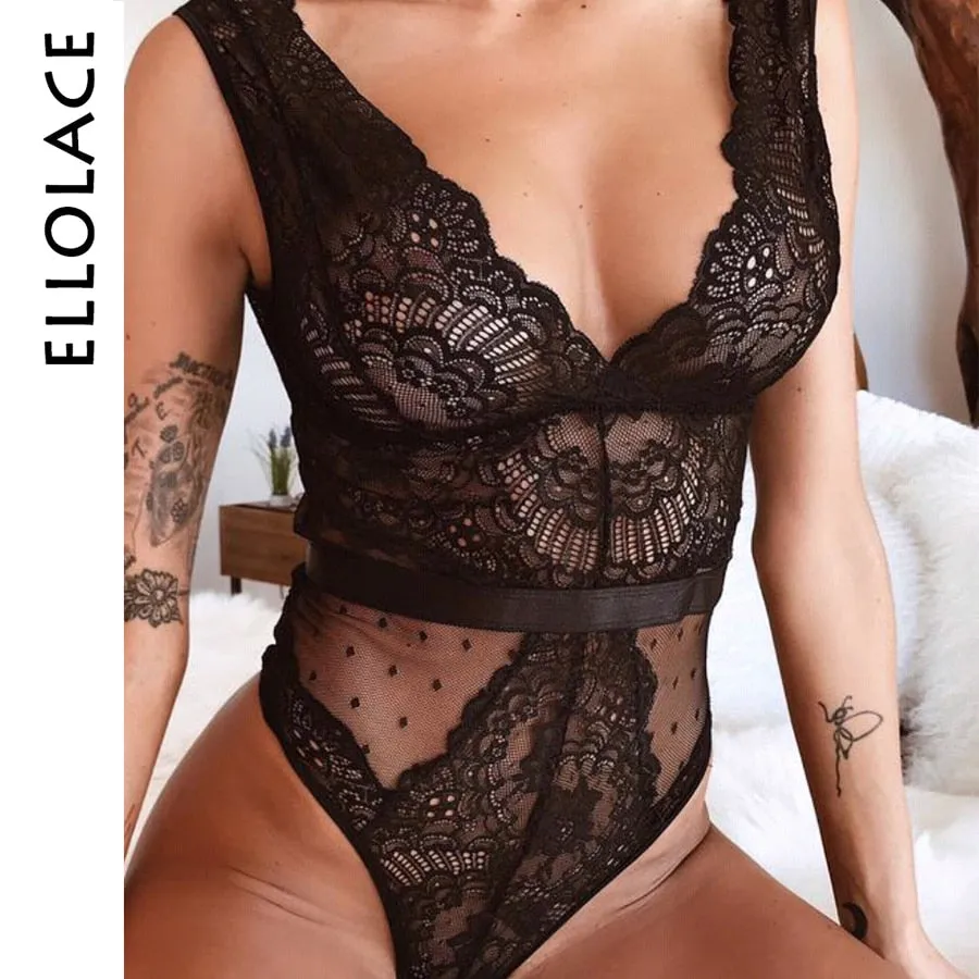 Trendy Sexy V Neck Lace Lingerie Bodysuit