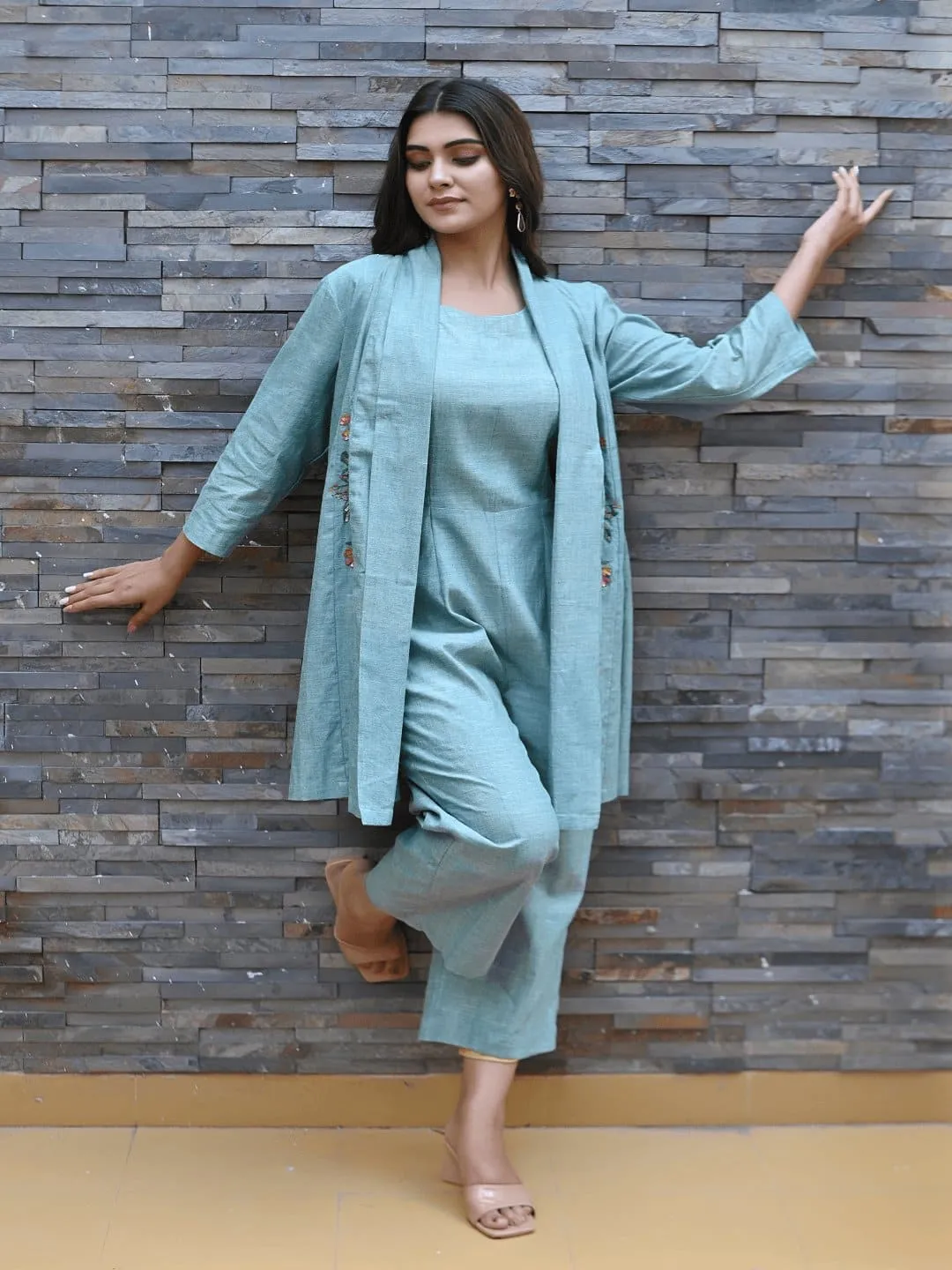 Turquoise khadi  Embroidered Jumpsuit With Shrug