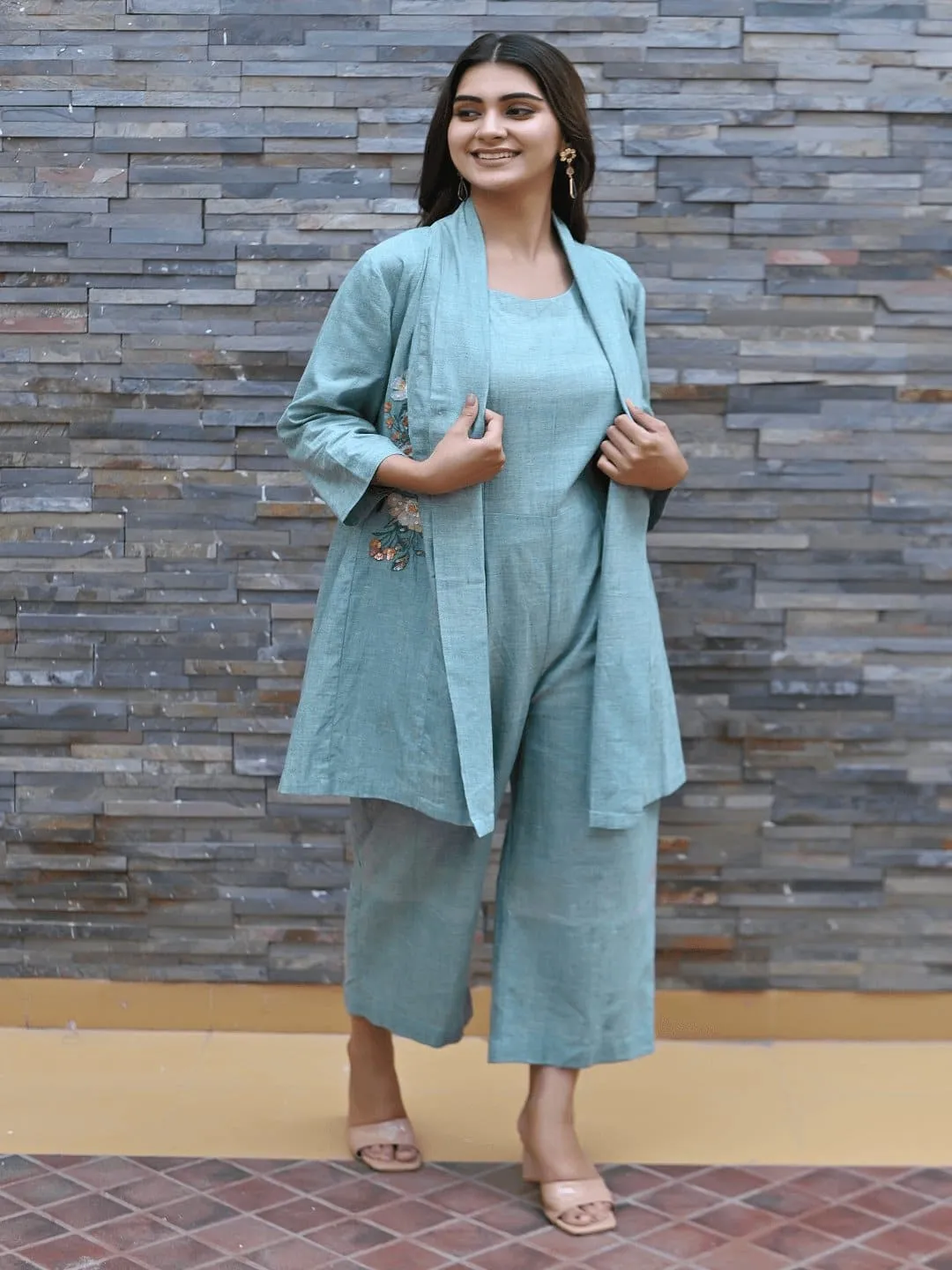 Turquoise khadi  Embroidered Jumpsuit With Shrug