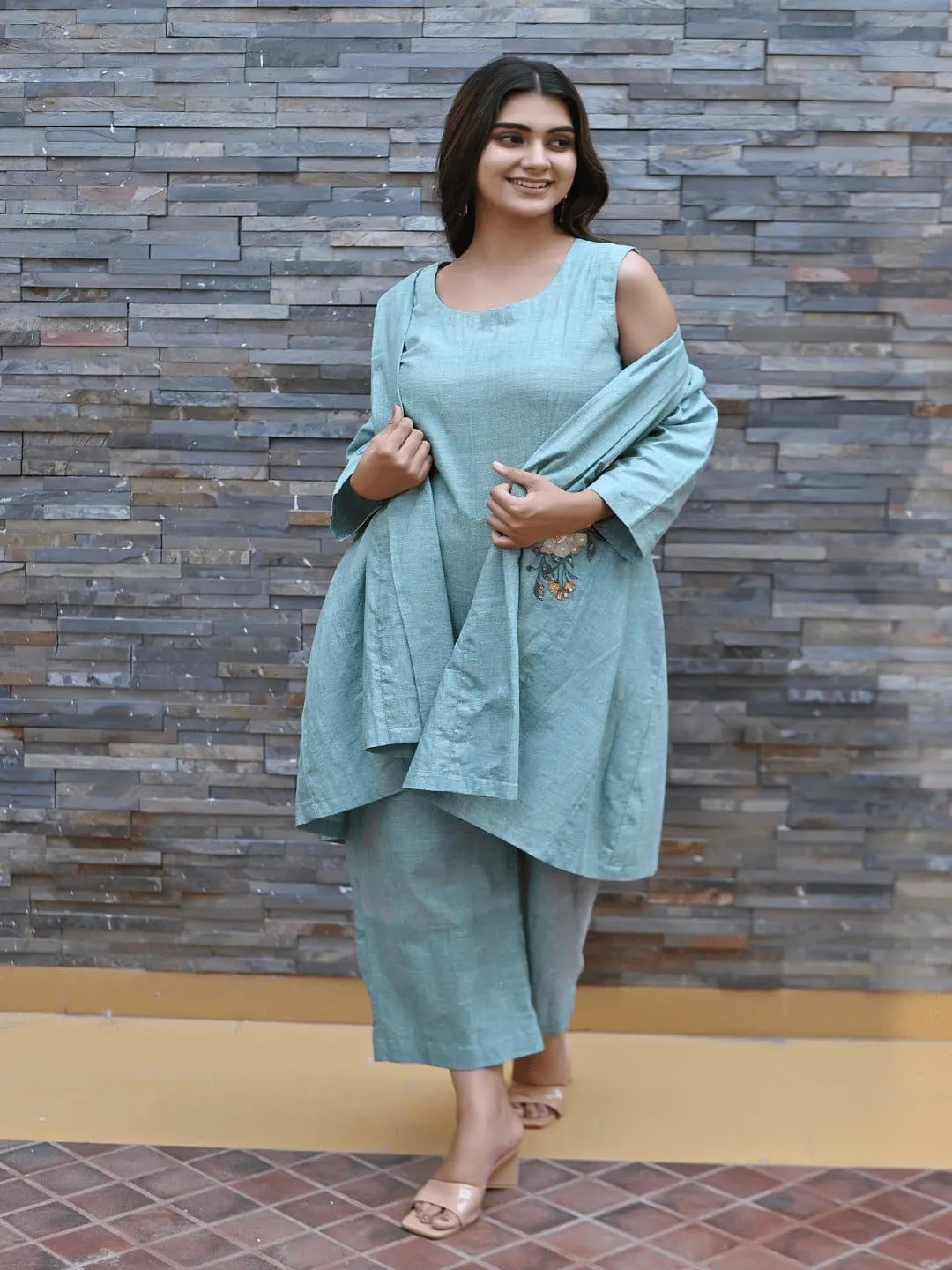 Turquoise khadi  Embroidered Jumpsuit With Shrug