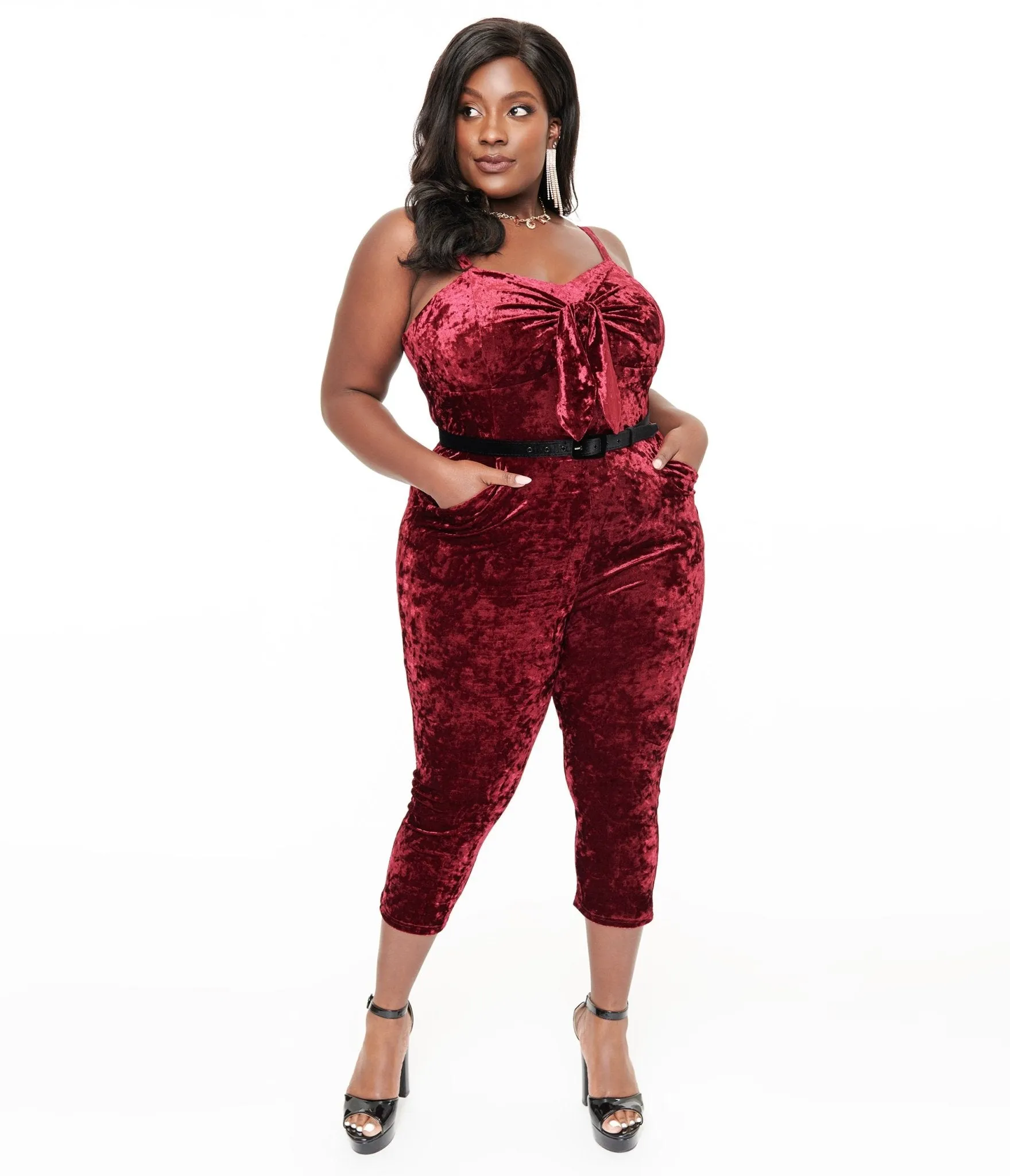 Unique Vintage Plus Size 1950s Burgundy Crushed Velvet Cropped Jumpsuit