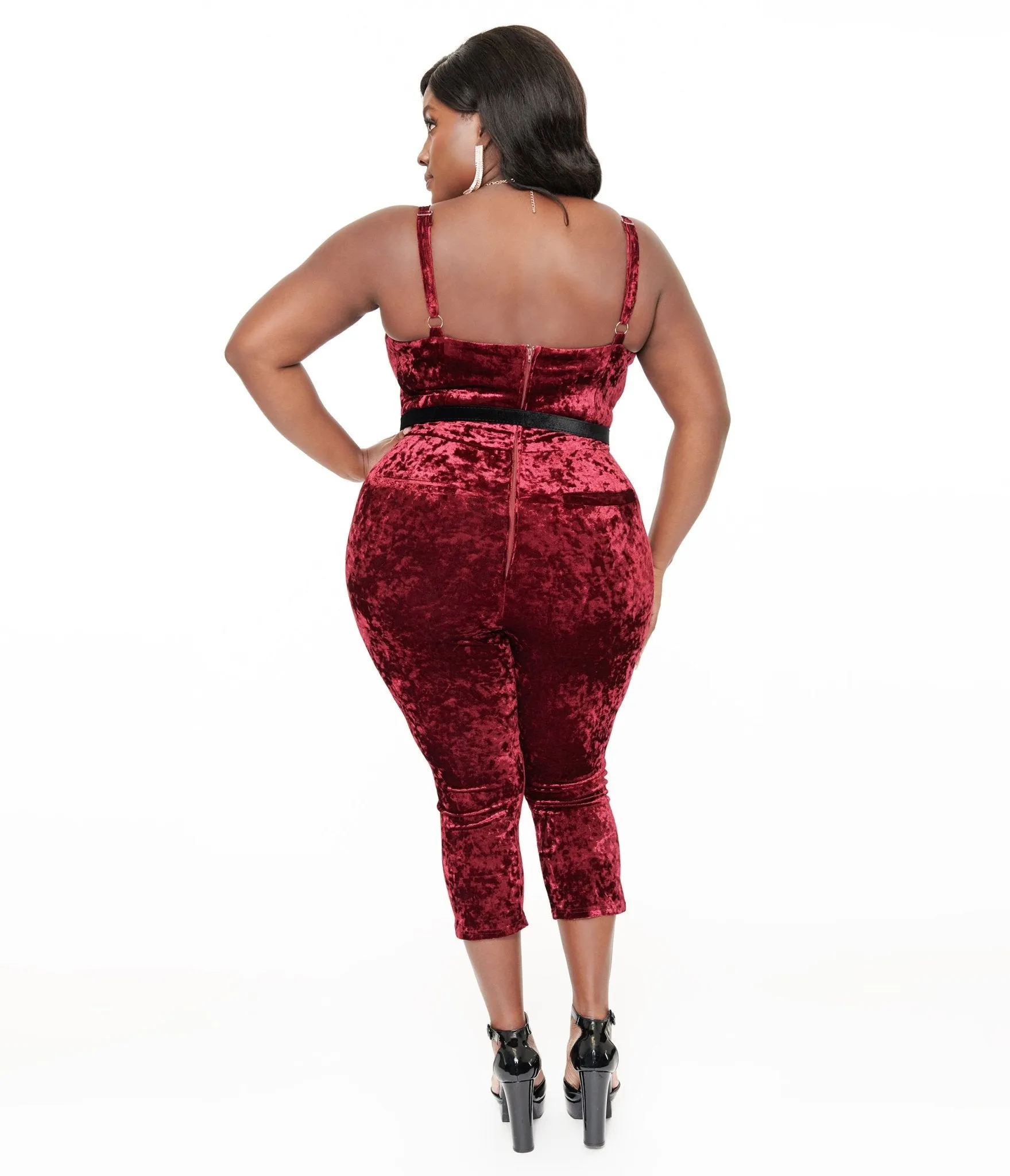 Unique Vintage Plus Size 1950s Burgundy Crushed Velvet Cropped Jumpsuit