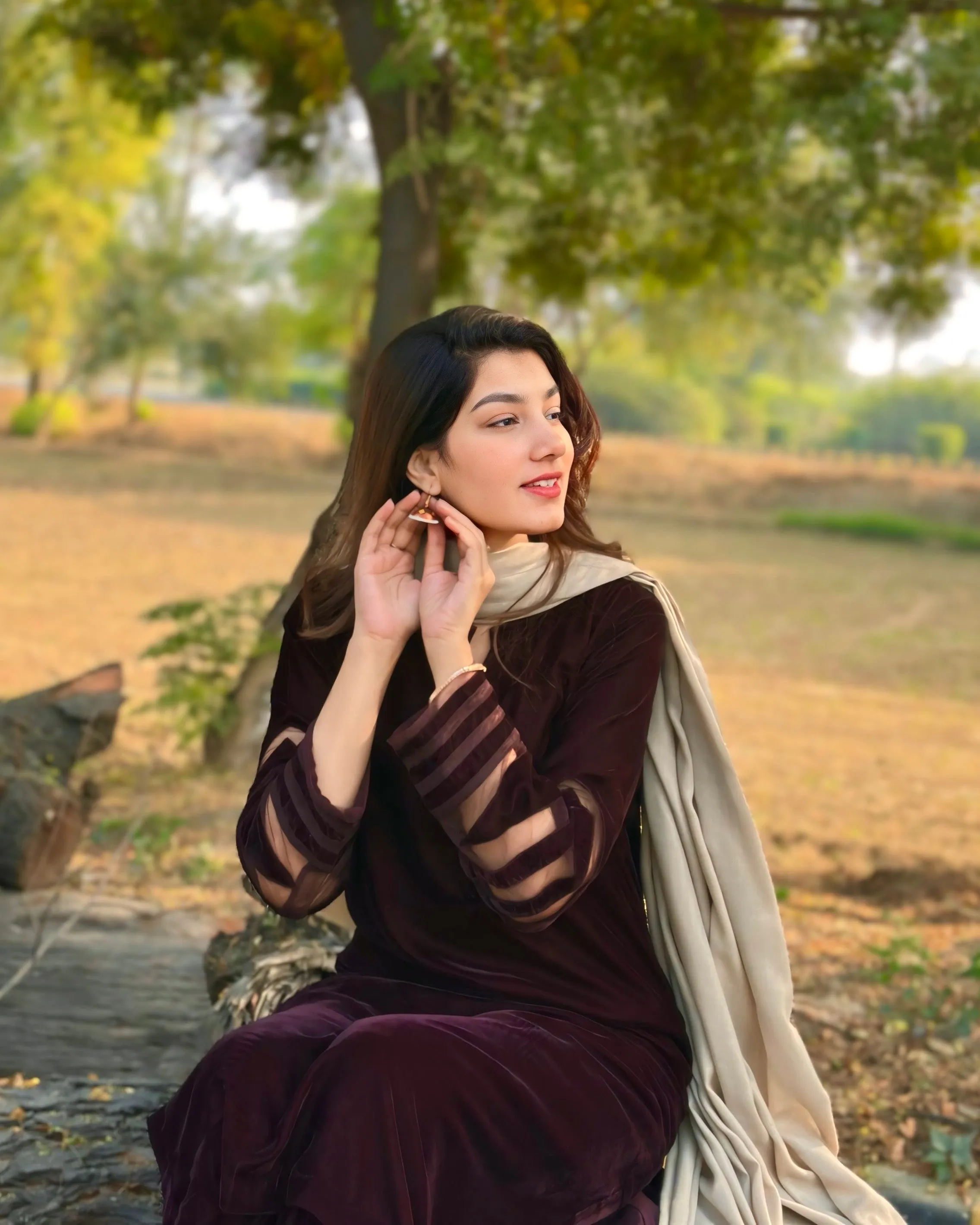 Velvet Deep Maroon Dress with Shawl