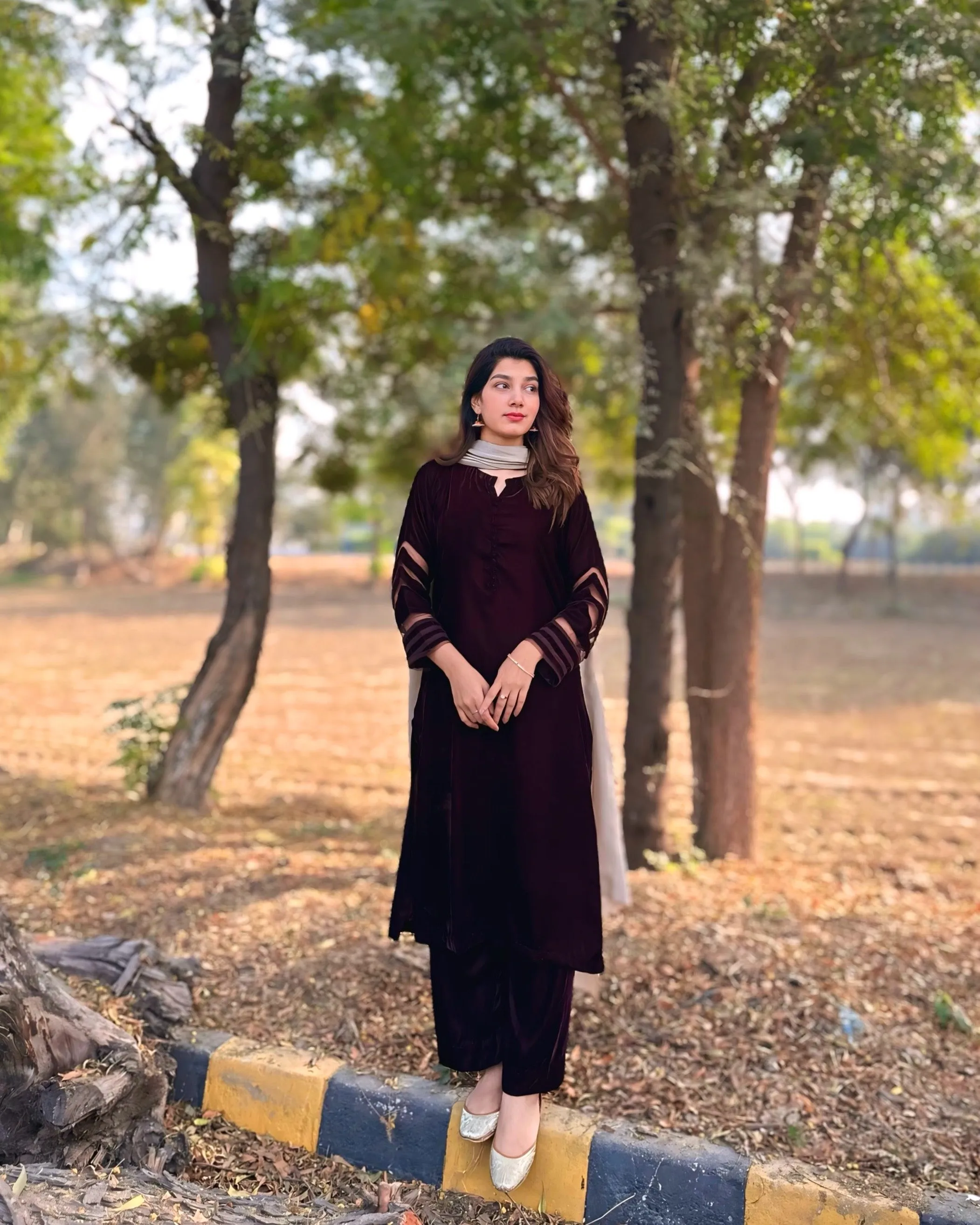 Velvet Deep Maroon Dress with Shawl