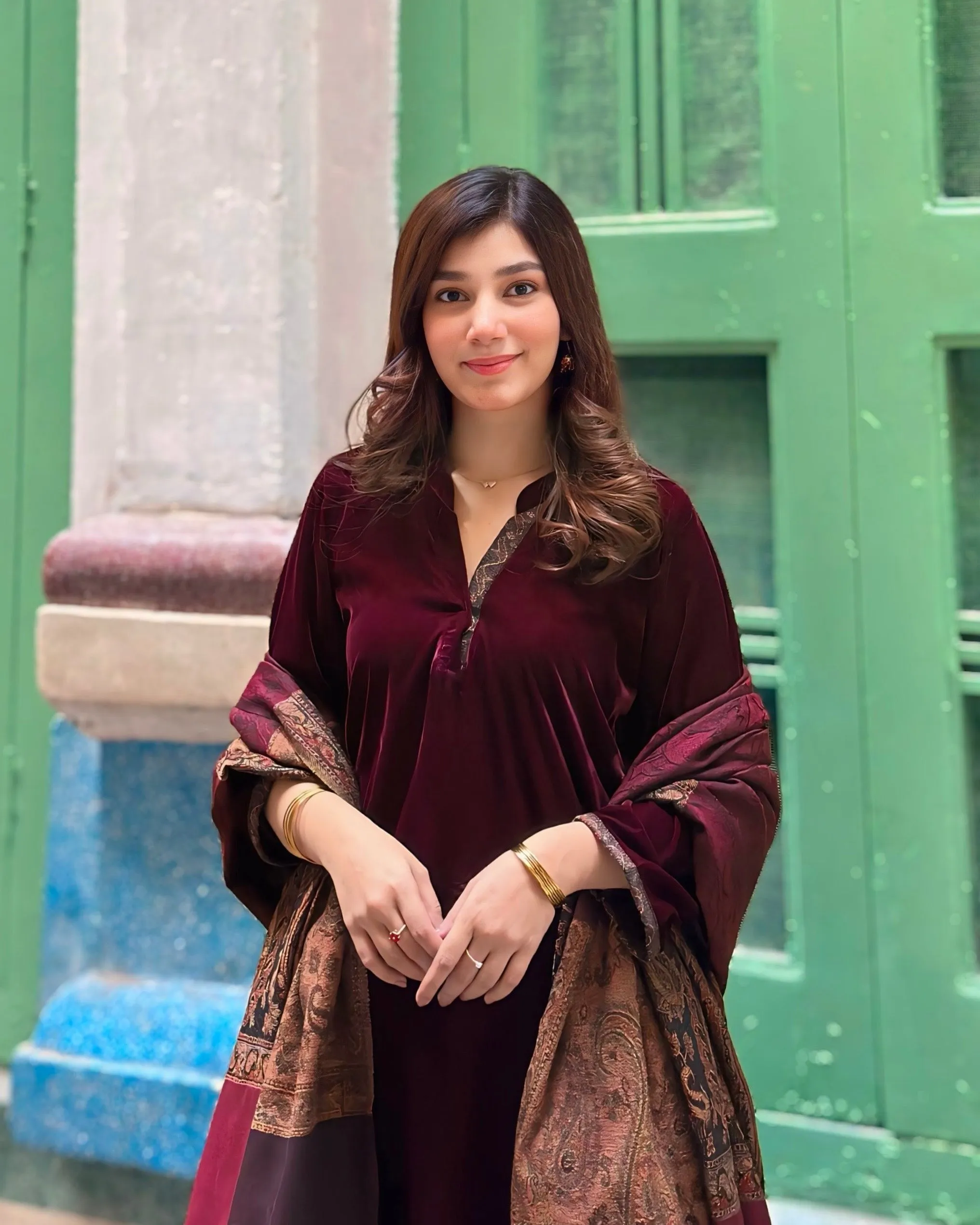 Velvet Maroon Dress with Shawl